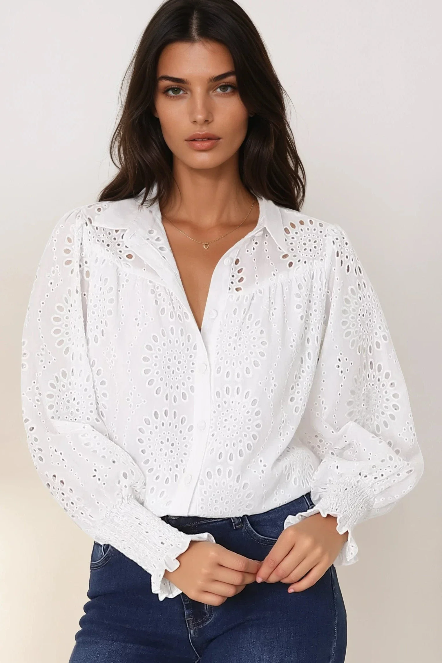 Benton Blouse - Hollow Out Embroidered Button Down Shirt in White - Image 2
