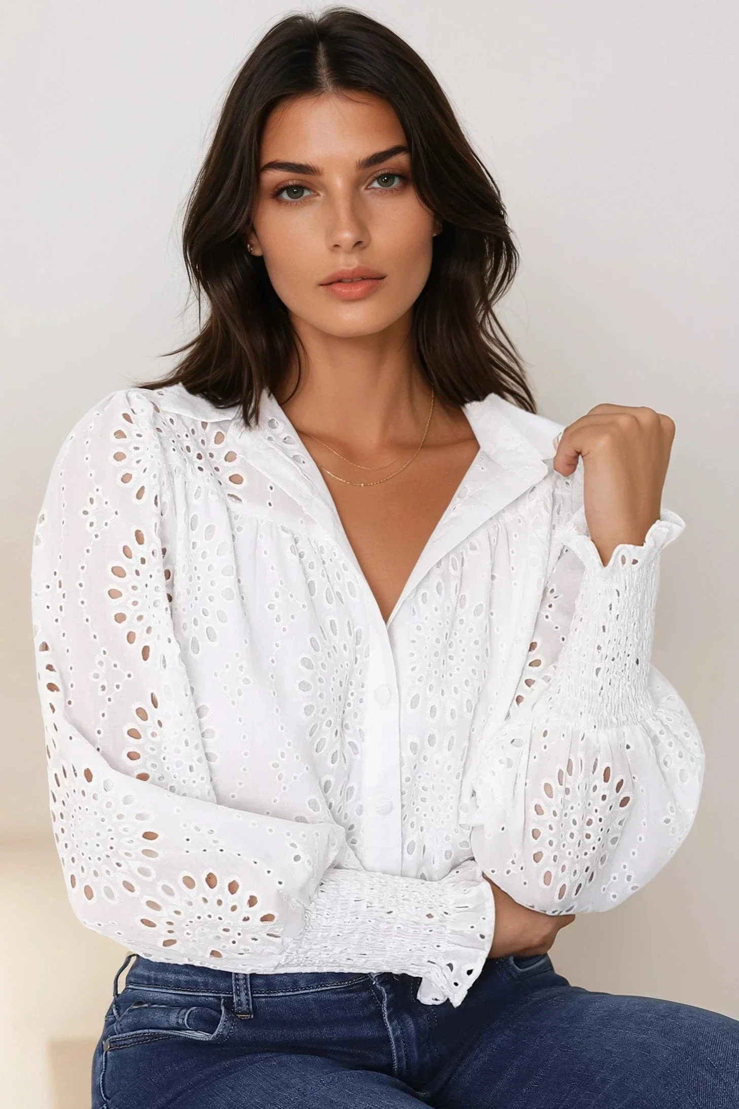 Benton Blouse - Hollow Out Embroidered Button Down Shirt in White - Image 5