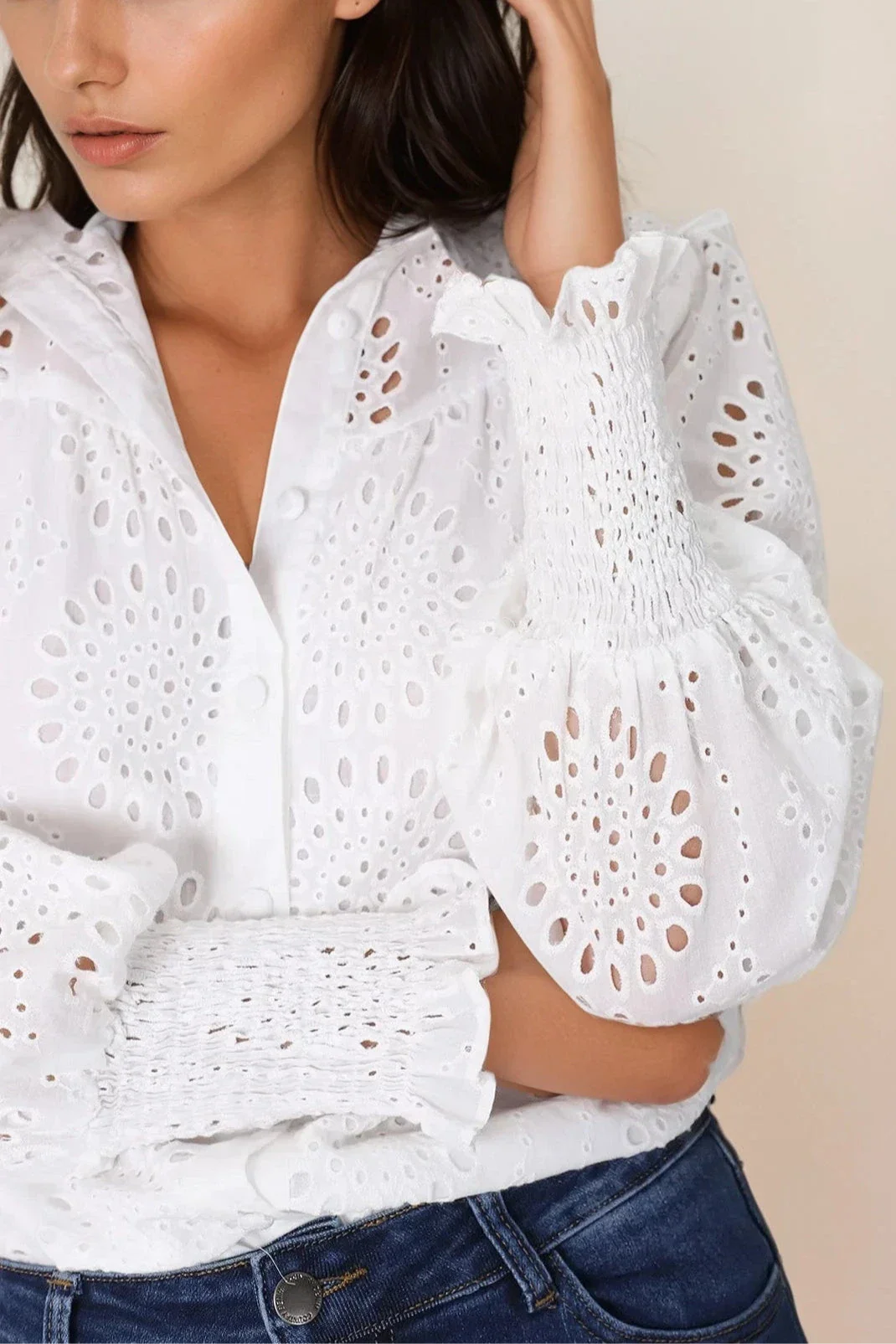 Benton Blouse - Hollow Out Embroidered Button Down Shirt in White - Image 6