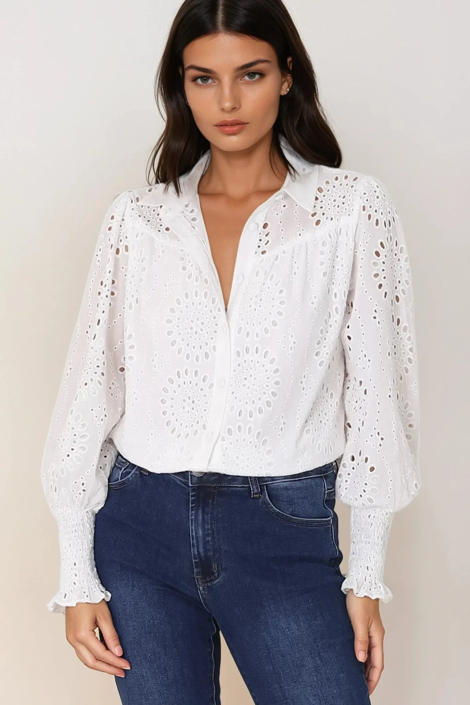 Benton Blouse - Hollow Out Embroidered Button Down Shirt in White - Image 7
