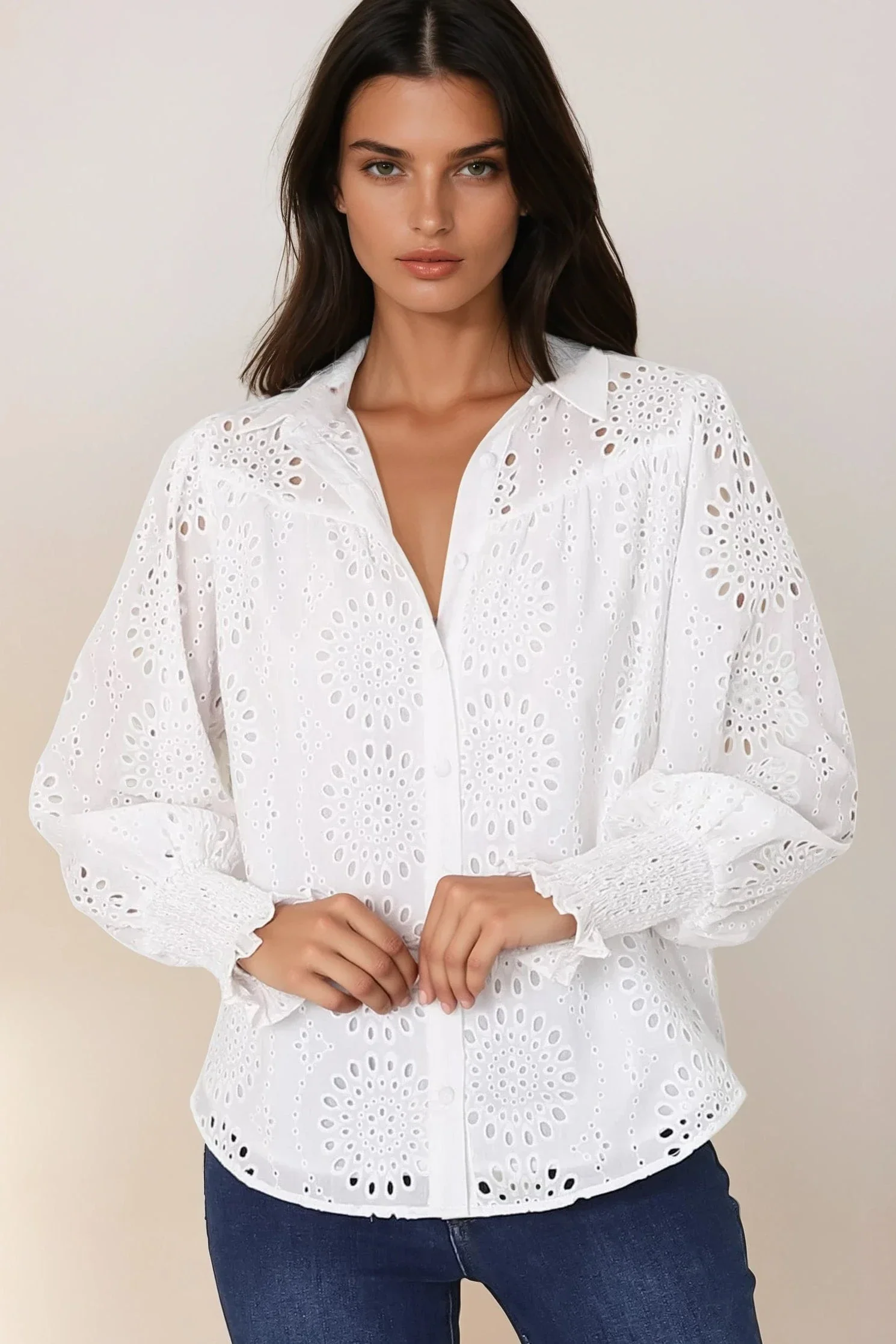 Benton Blouse - Hollow Out Embroidered Button Down Shirt in White - Image 8