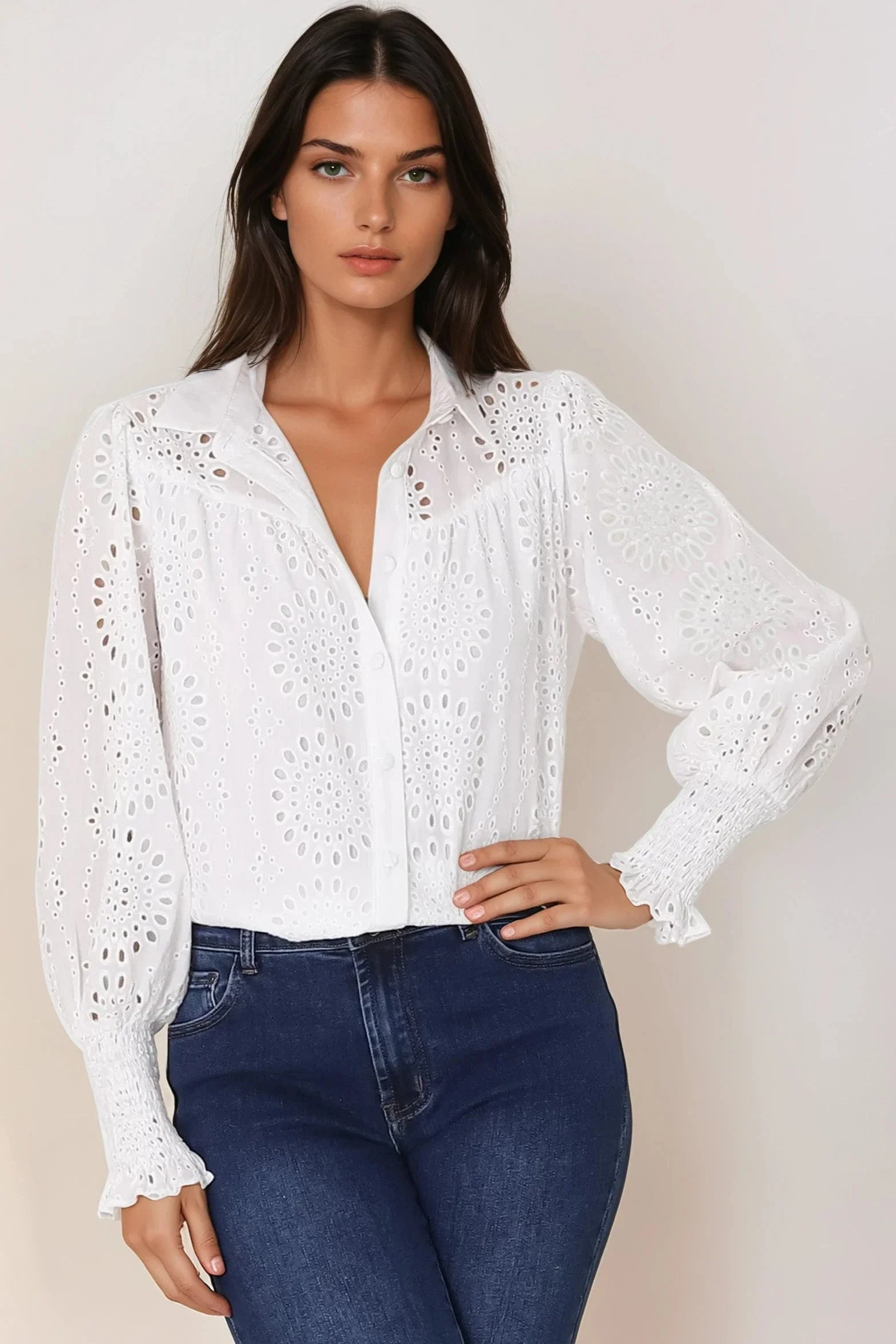 Benton Blouse - Hollow Out Embroidered Button Down Shirt in White - Image 9