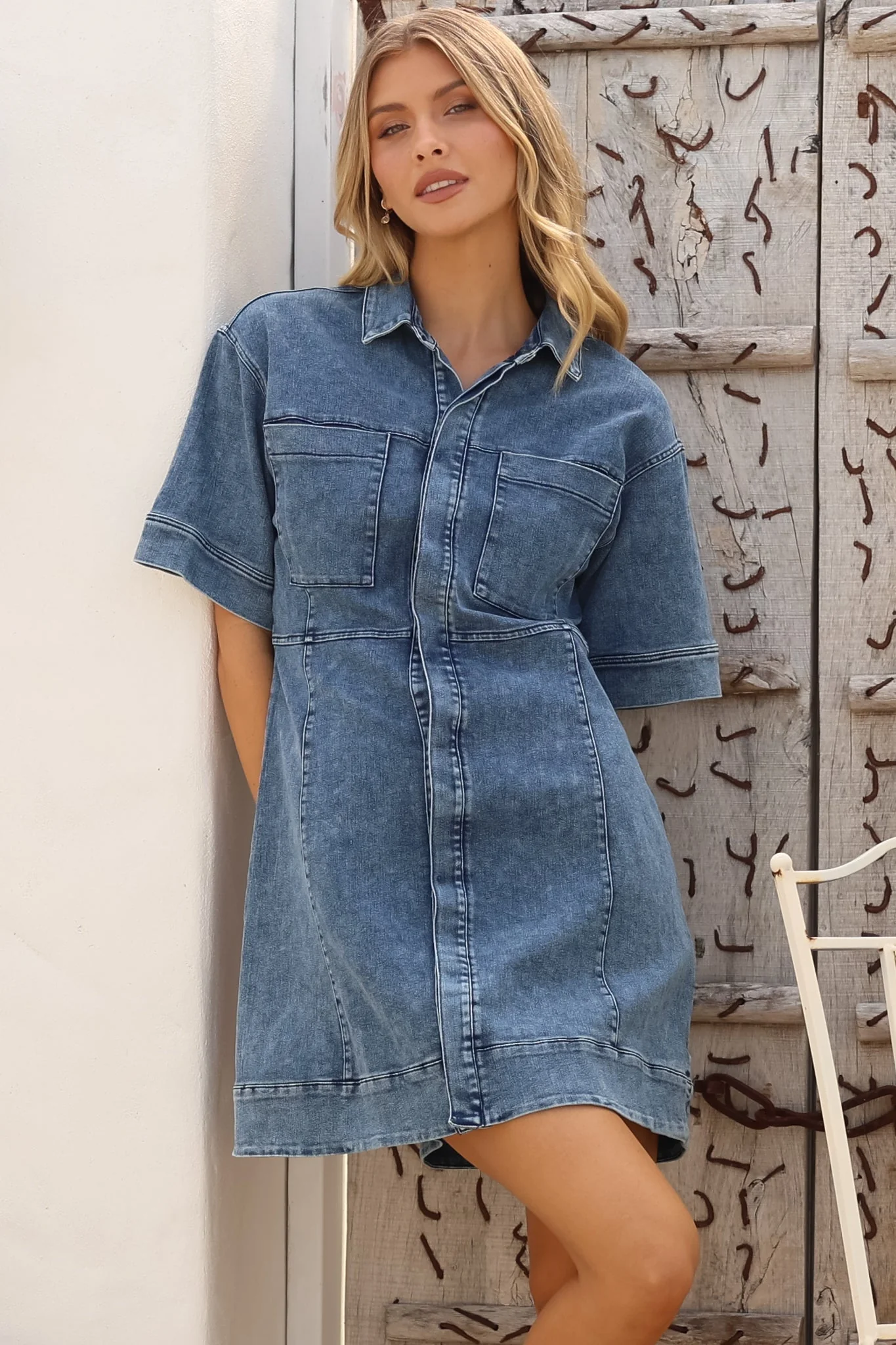 Bigsby Denim Mini Dress - Collared Button Down Short Sleeve Dress in Mid Wash Denim - Image 4
