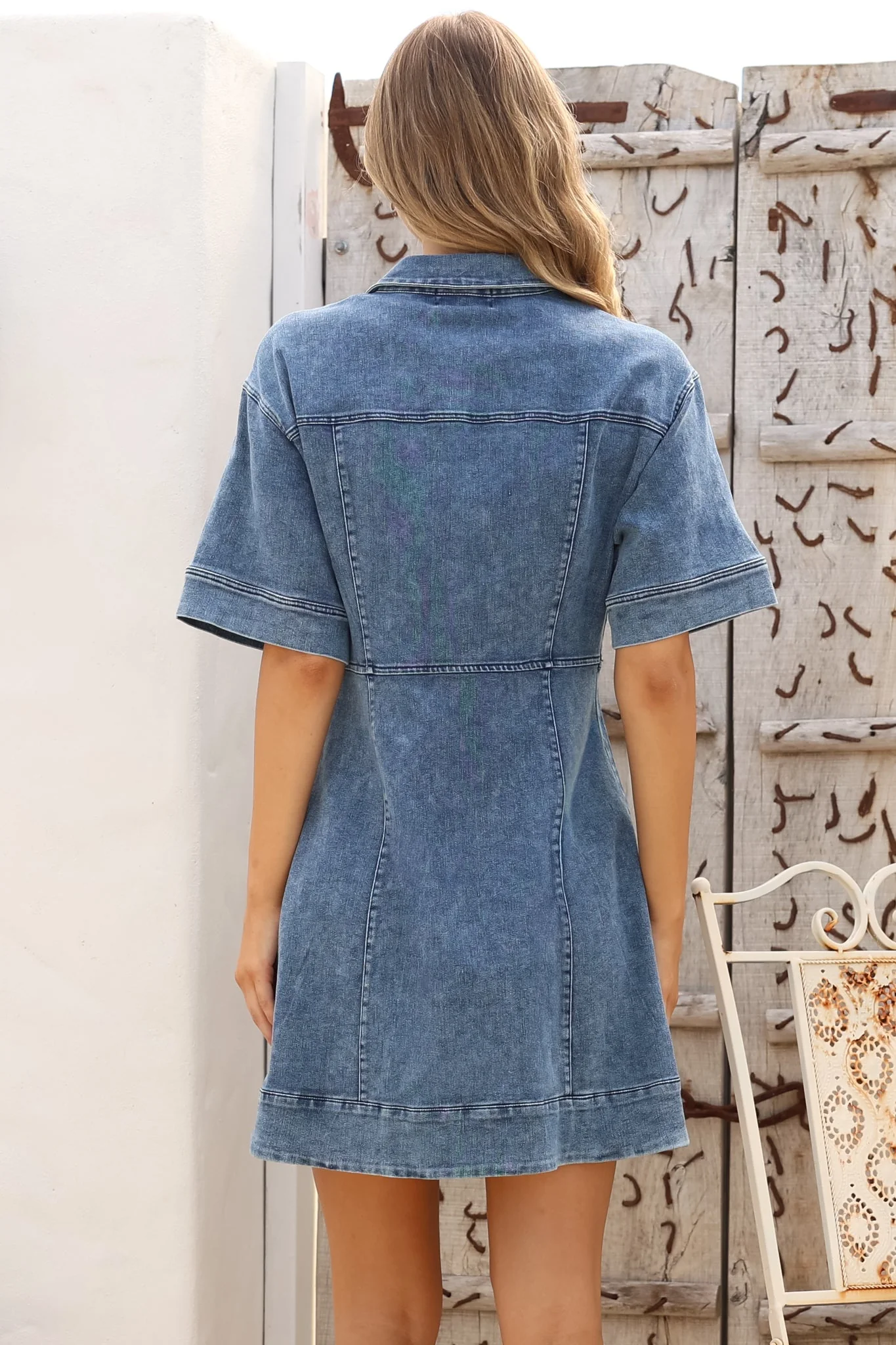 Bigsby Denim Mini Dress - Collared Button Down Short Sleeve Dress in Mid Wash Denim - Image 8