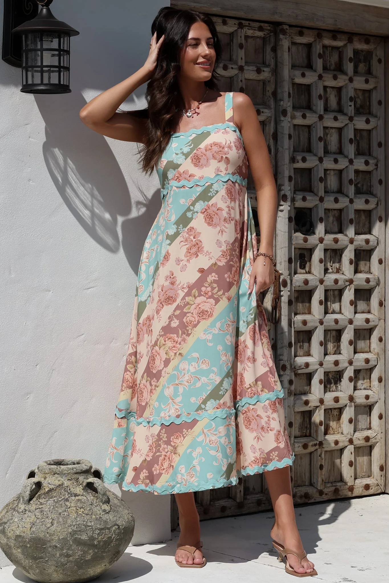 Bionda Midi Dress - Ric Rac Spliced Sun Dress with Adjustable Straps in Clavelle Print - Image 3