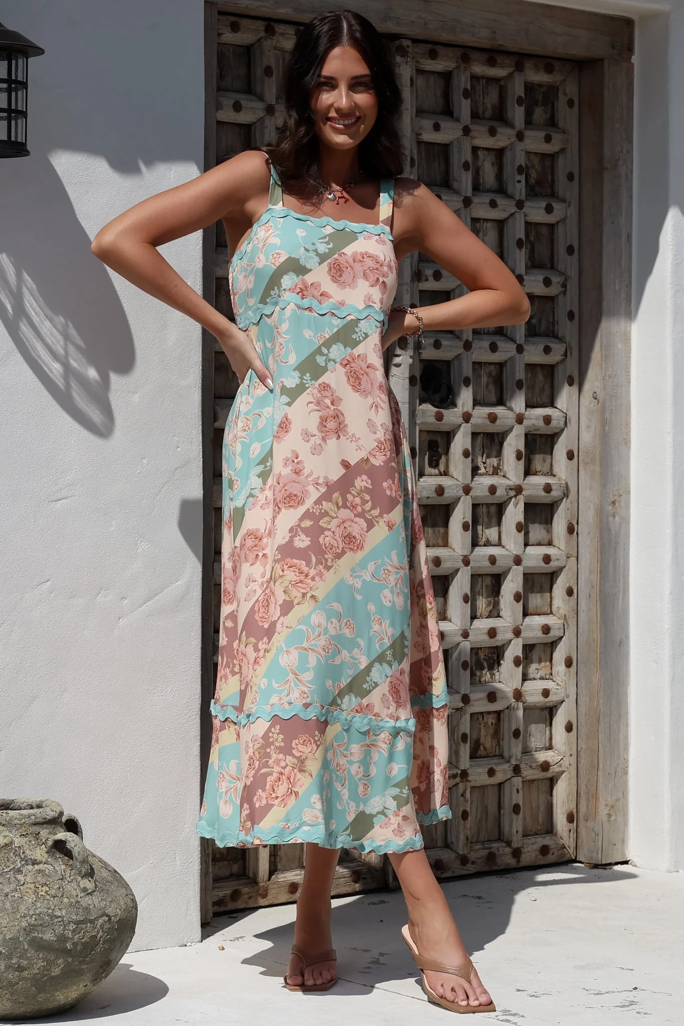 Bionda Midi Dress - Ric Rac Spliced Sun Dress with Adjustable Straps in Clavelle Print - Image 5
