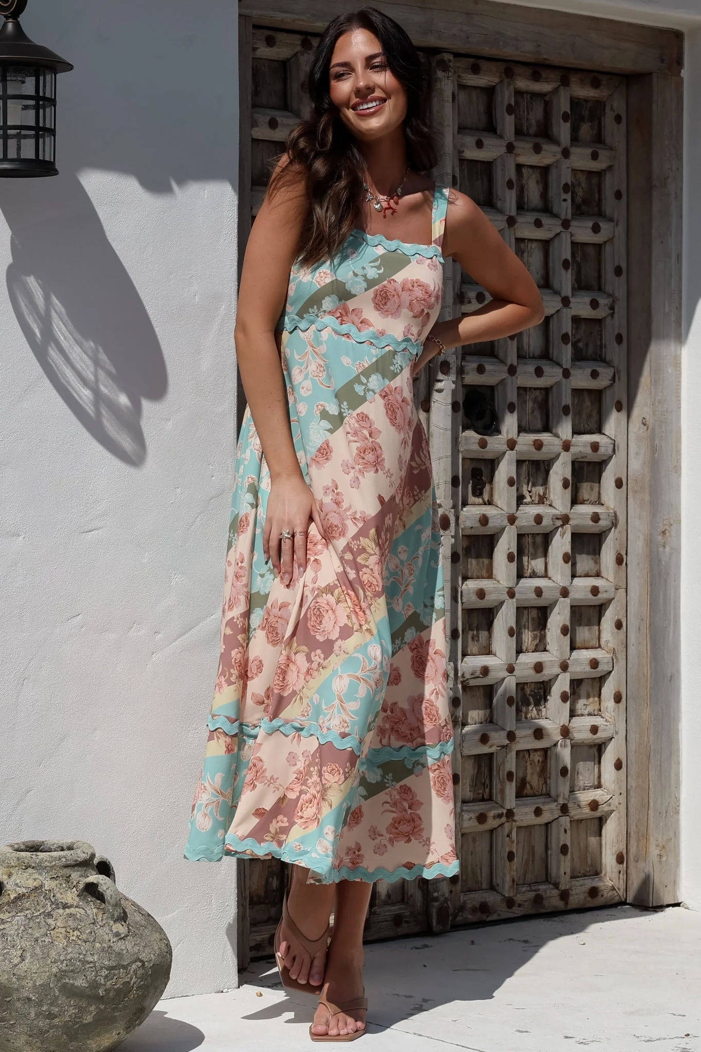 Bionda Midi Dress - Ric Rac Spliced Sun Dress with Adjustable Straps in Clavelle Print - Image 6
