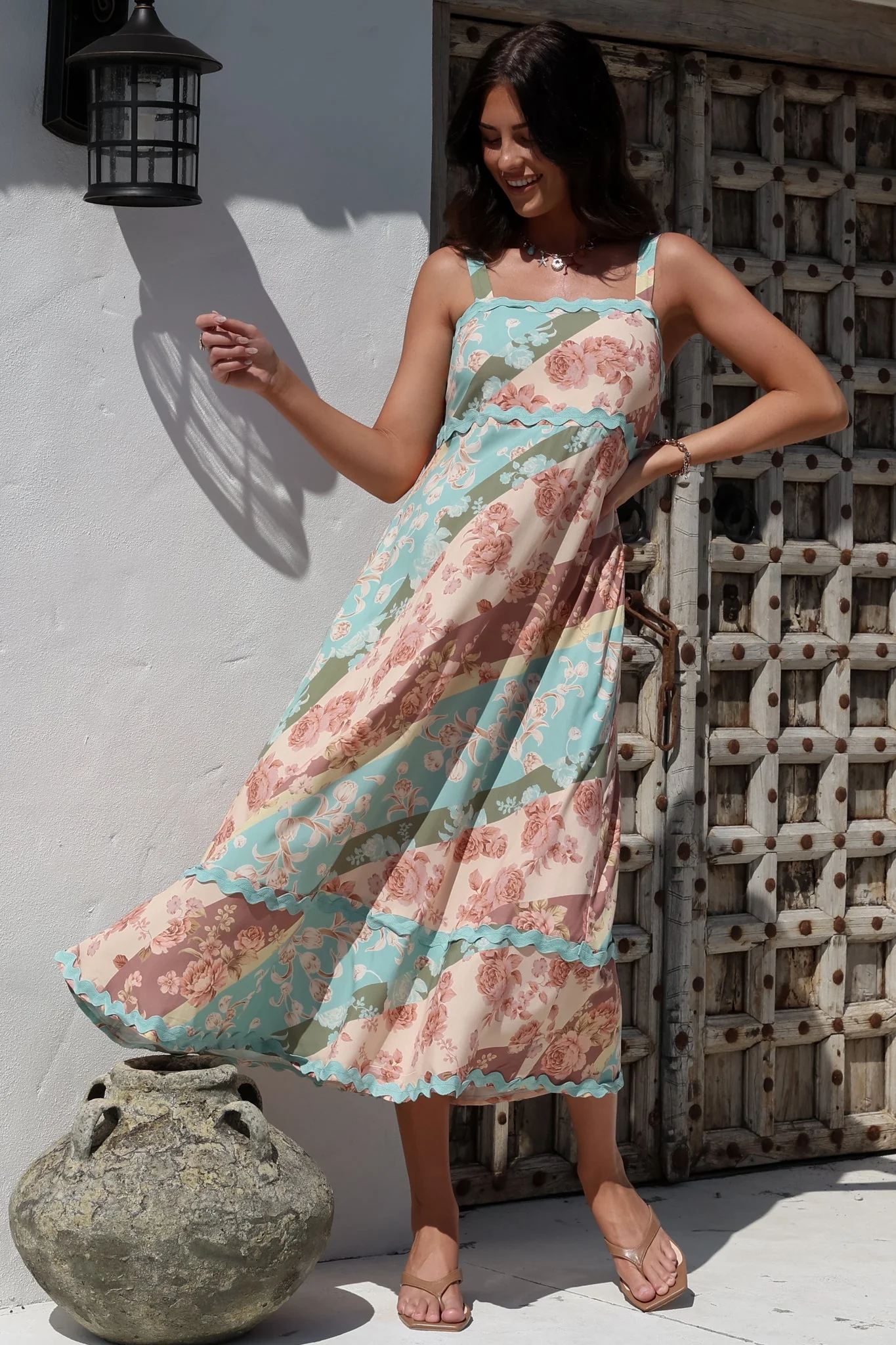Bionda Midi Dress - Ric Rac Spliced Sun Dress with Adjustable Straps in Clavelle Print - Image 7