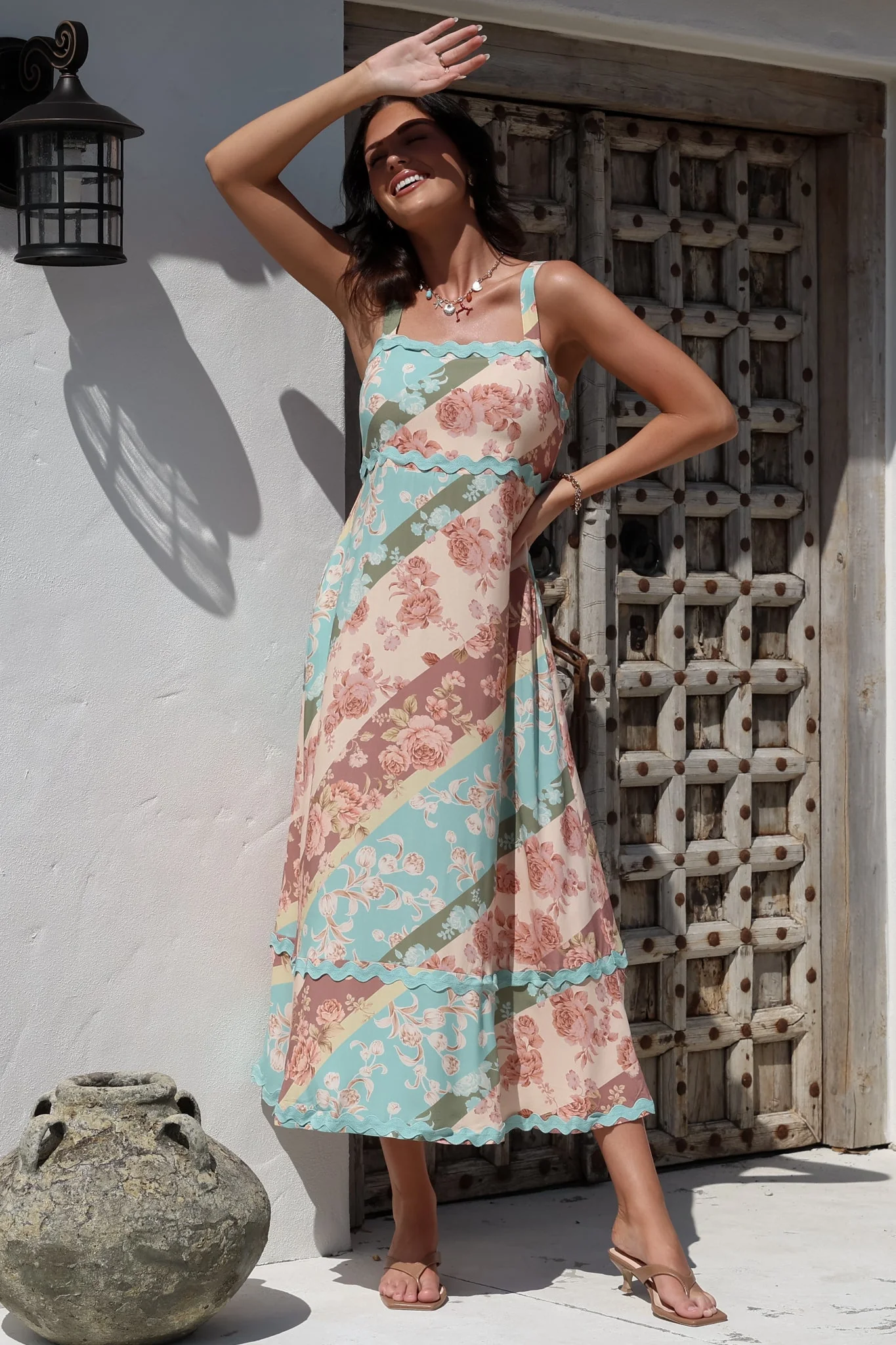 Bionda Midi Dress - Ric Rac Spliced Sun Dress with Adjustable Straps in Clavelle Print - Image 8
