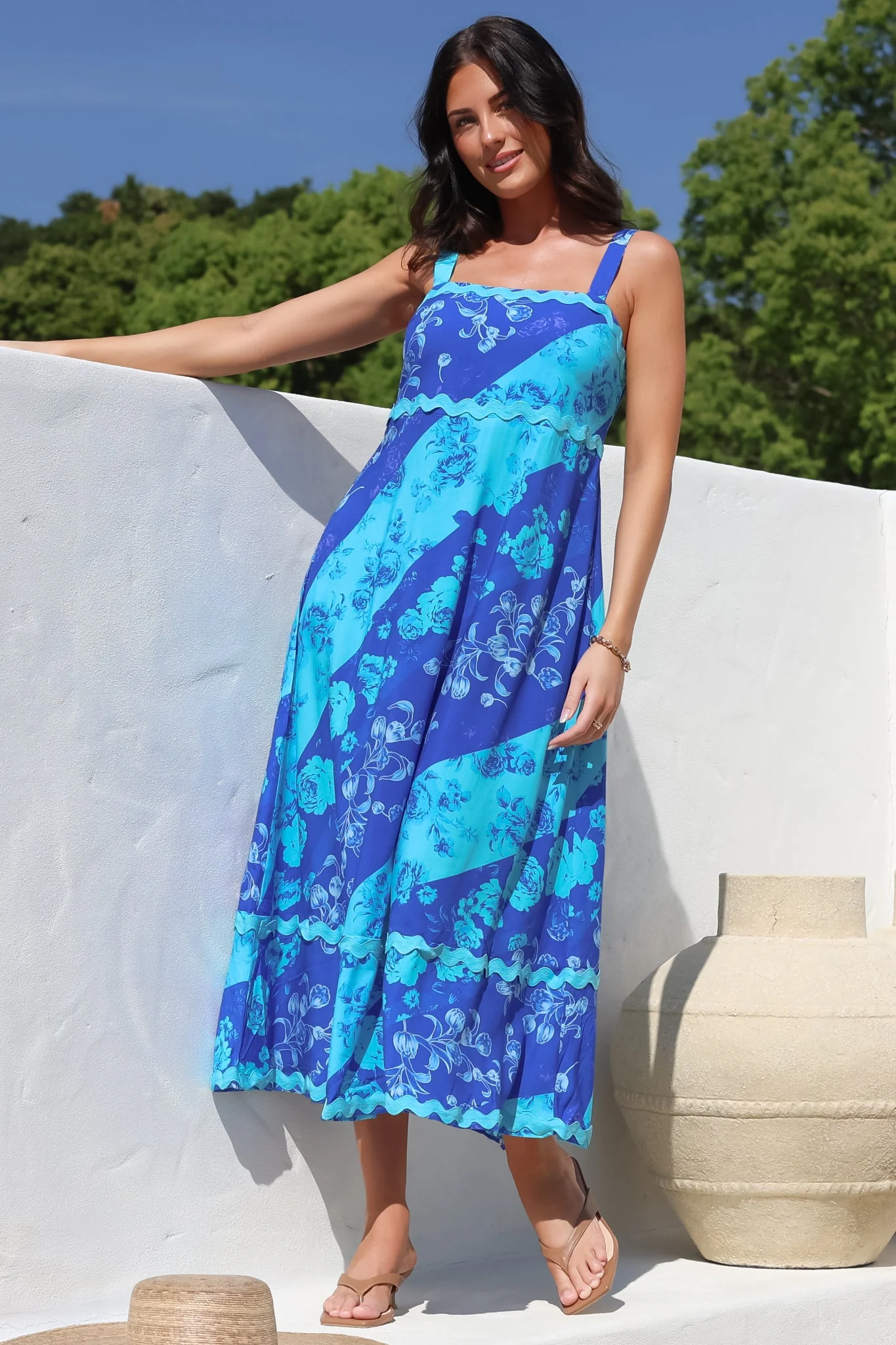Bionda Midi Dress - Ric Rac Spliced Sun Dress with Adjustable Straps in Clavelle Print Blue - Image 2