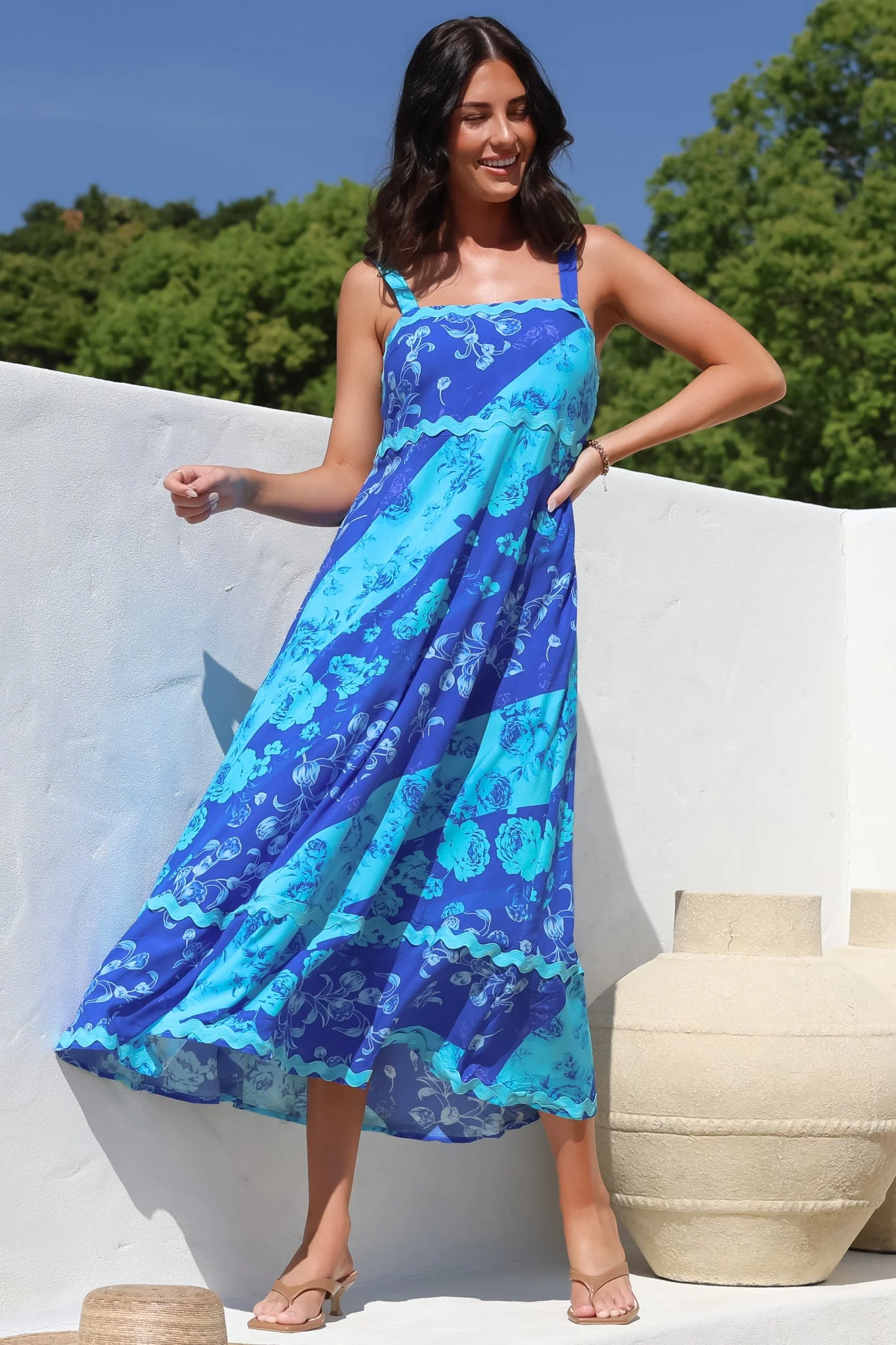 Bionda Midi Dress - Ric Rac Spliced Sun Dress with Adjustable Straps in Clavelle Print Blue - Image 5