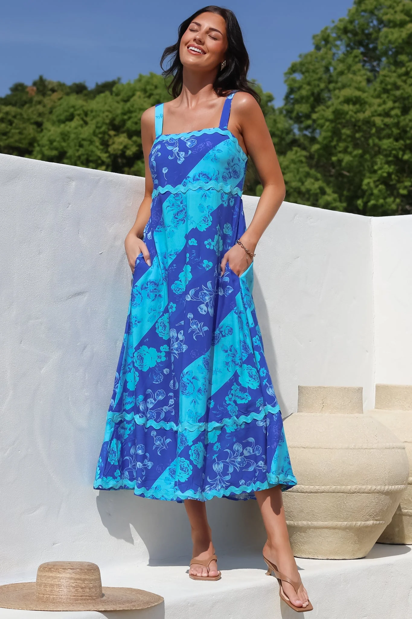 Bionda Midi Dress - Ric Rac Spliced Sun Dress with Adjustable Straps in Clavelle Print Blue - Image 6