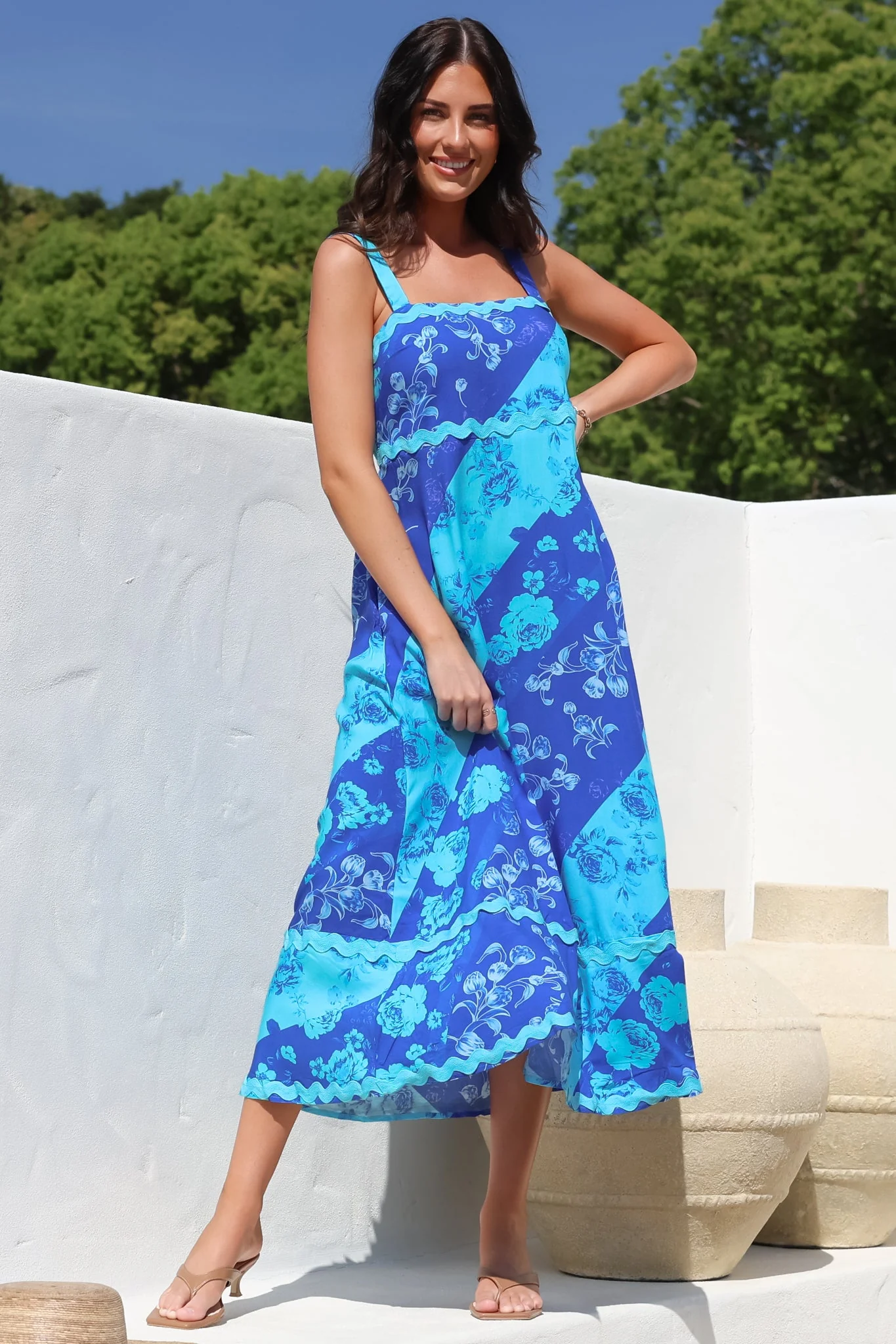 Bionda Midi Dress - Ric Rac Spliced Sun Dress with Adjustable Straps in Clavelle Print Blue - Image 7