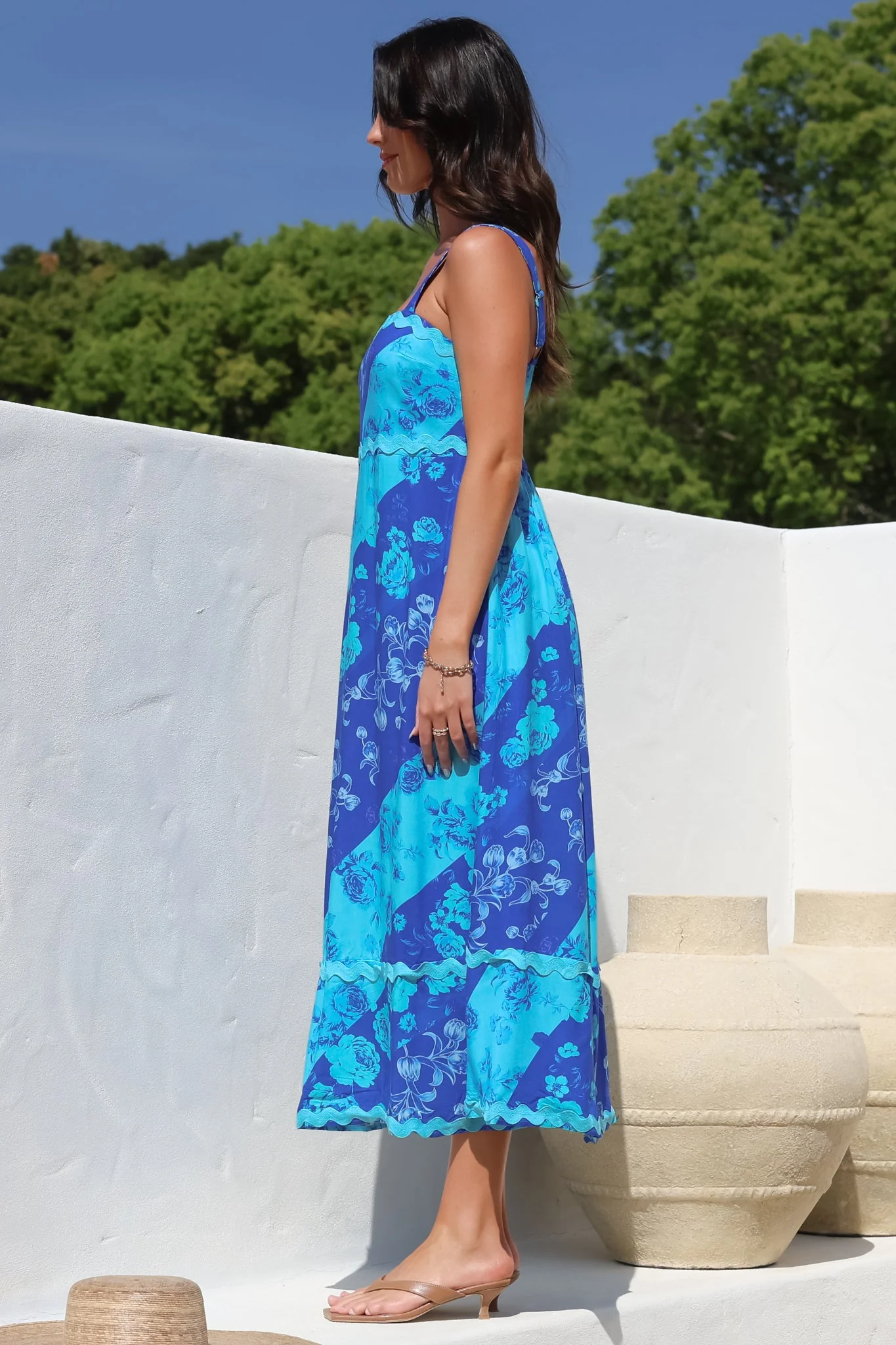Bionda Midi Dress - Ric Rac Spliced Sun Dress with Adjustable Straps in Clavelle Print Blue - Image 8