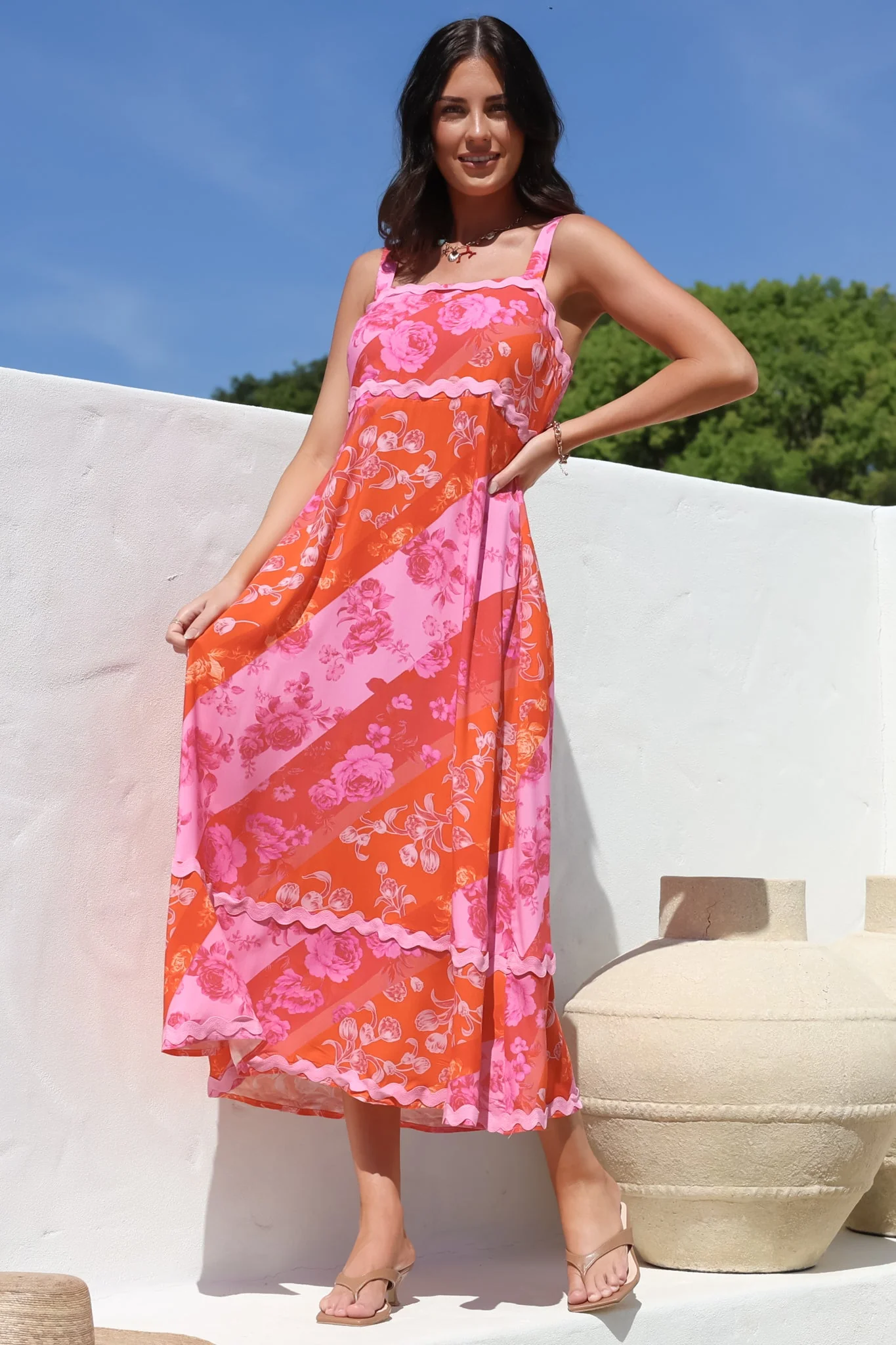 Bionda Midi Dress - Ric Rac Spliced Sun Dress with Adjustable Straps in Clavelle Print Pink - Image 10