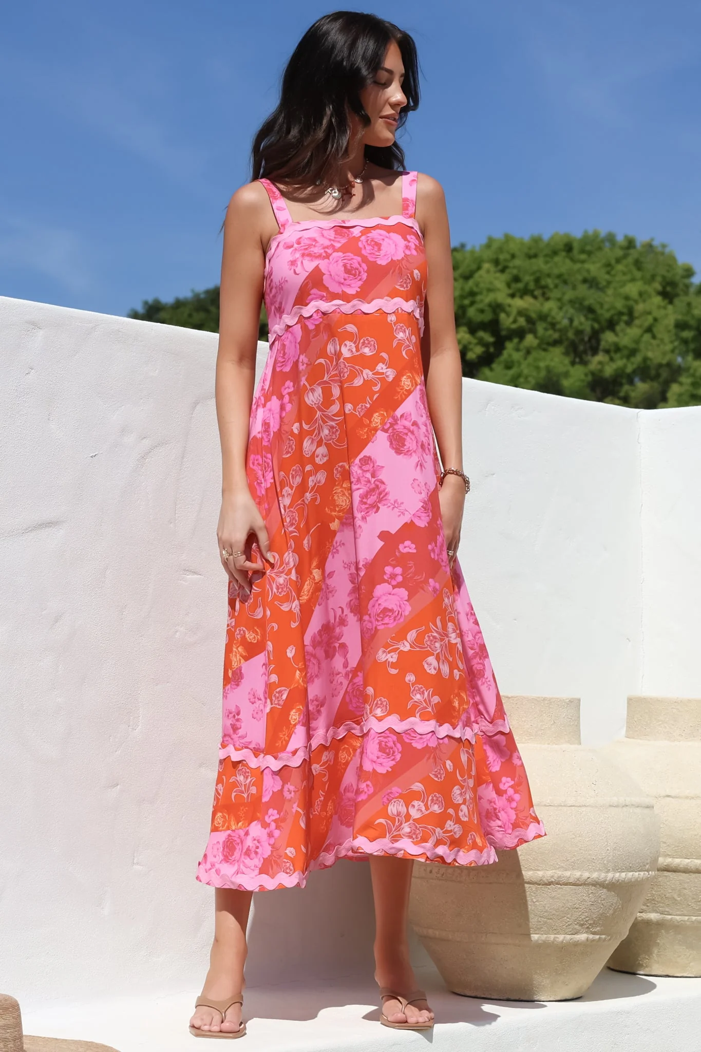 Bionda Midi Dress - Ric Rac Spliced Sun Dress with Adjustable Straps in Clavelle Print Pink - Image 11