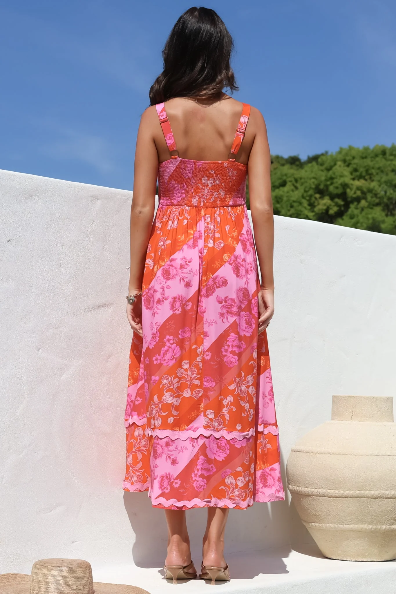 Bionda Midi Dress - Ric Rac Spliced Sun Dress with Adjustable Straps in Clavelle Print Pink - Image 13
