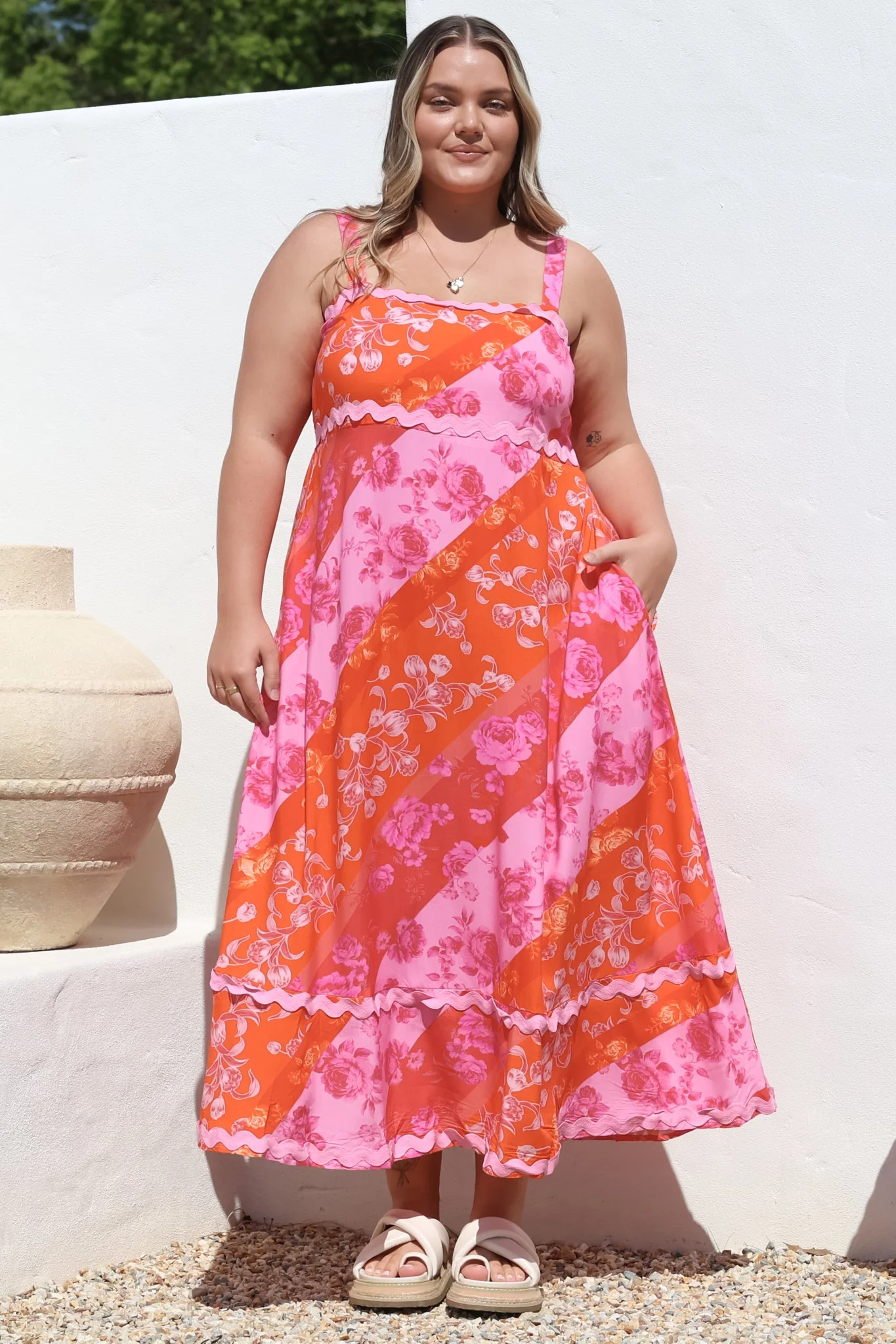 Bionda Midi Dress - Ric Rac Spliced Sun Dress with Adjustable Straps in Clavelle Print Pink - Image 2
