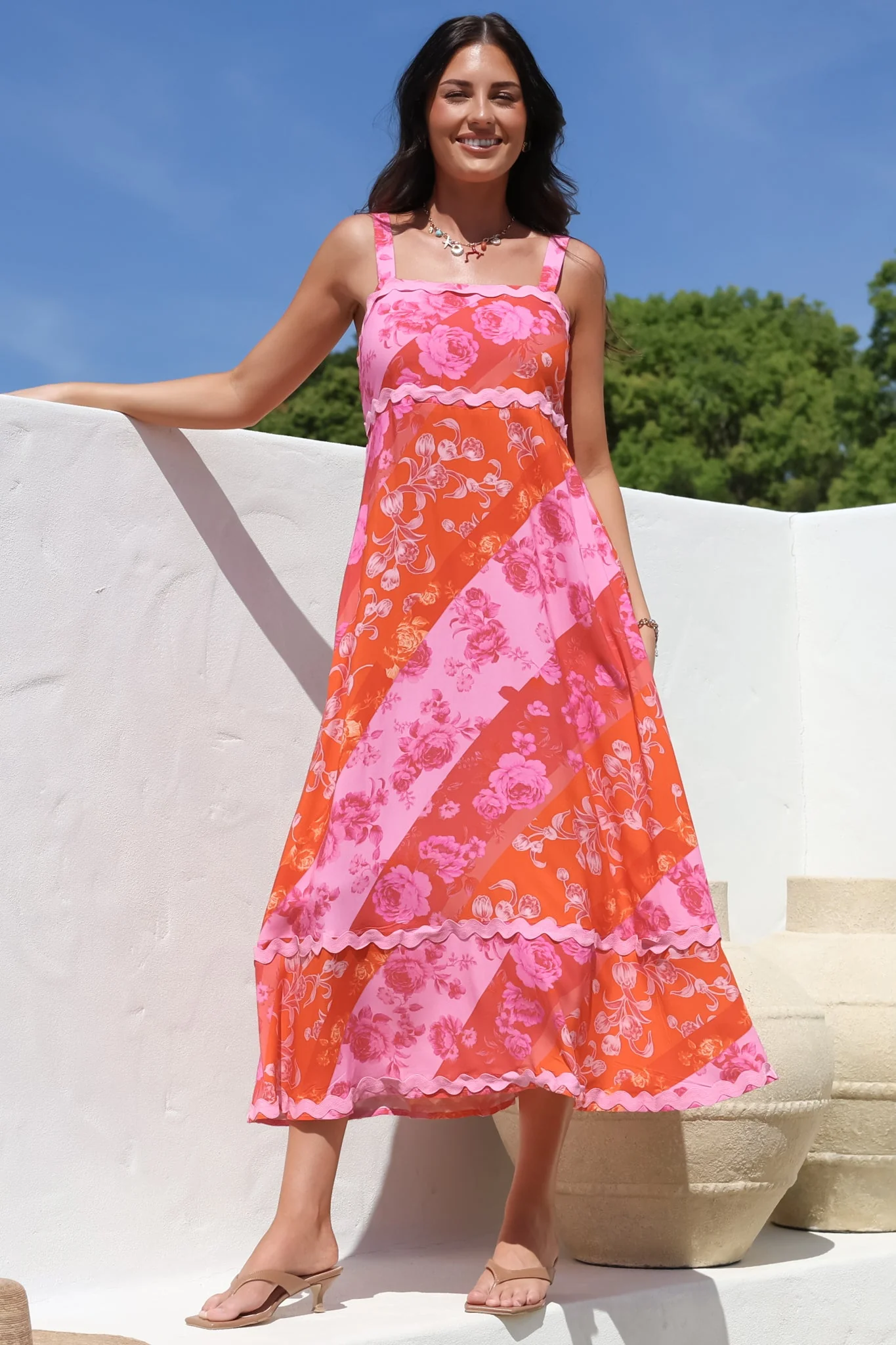Bionda Midi Dress - Ric Rac Spliced Sun Dress with Adjustable Straps in Clavelle Print Pink - Image 3