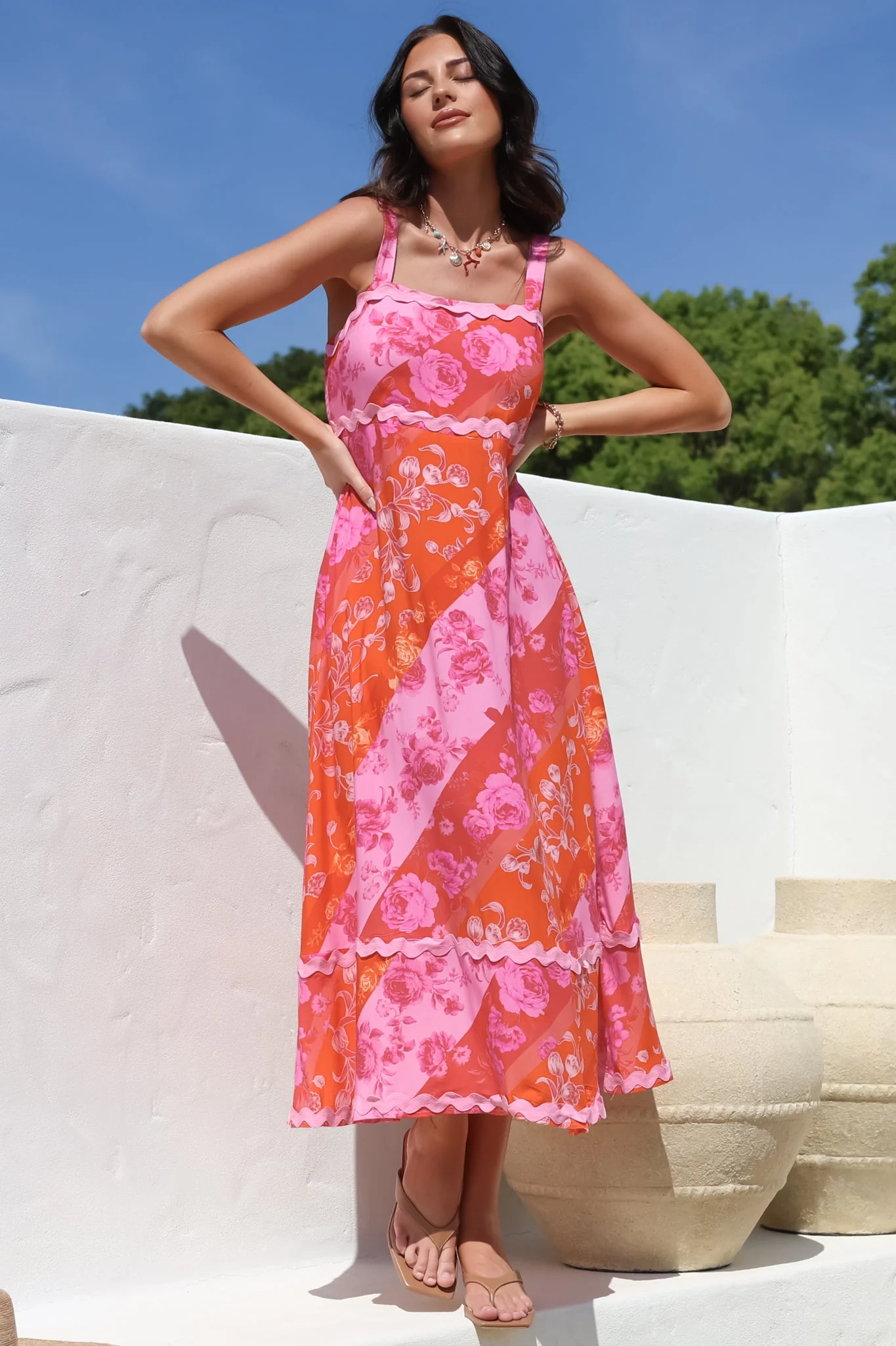 Bionda Midi Dress - Ric Rac Spliced Sun Dress with Adjustable Straps in Clavelle Print Pink - Image 9