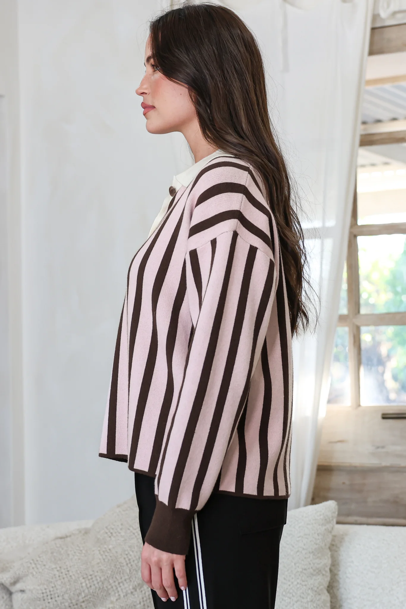 Bishop Jumper - Wing Collar Heart Button Detail Stripe Jersey Knit in Pink/Chocolate - Image 6