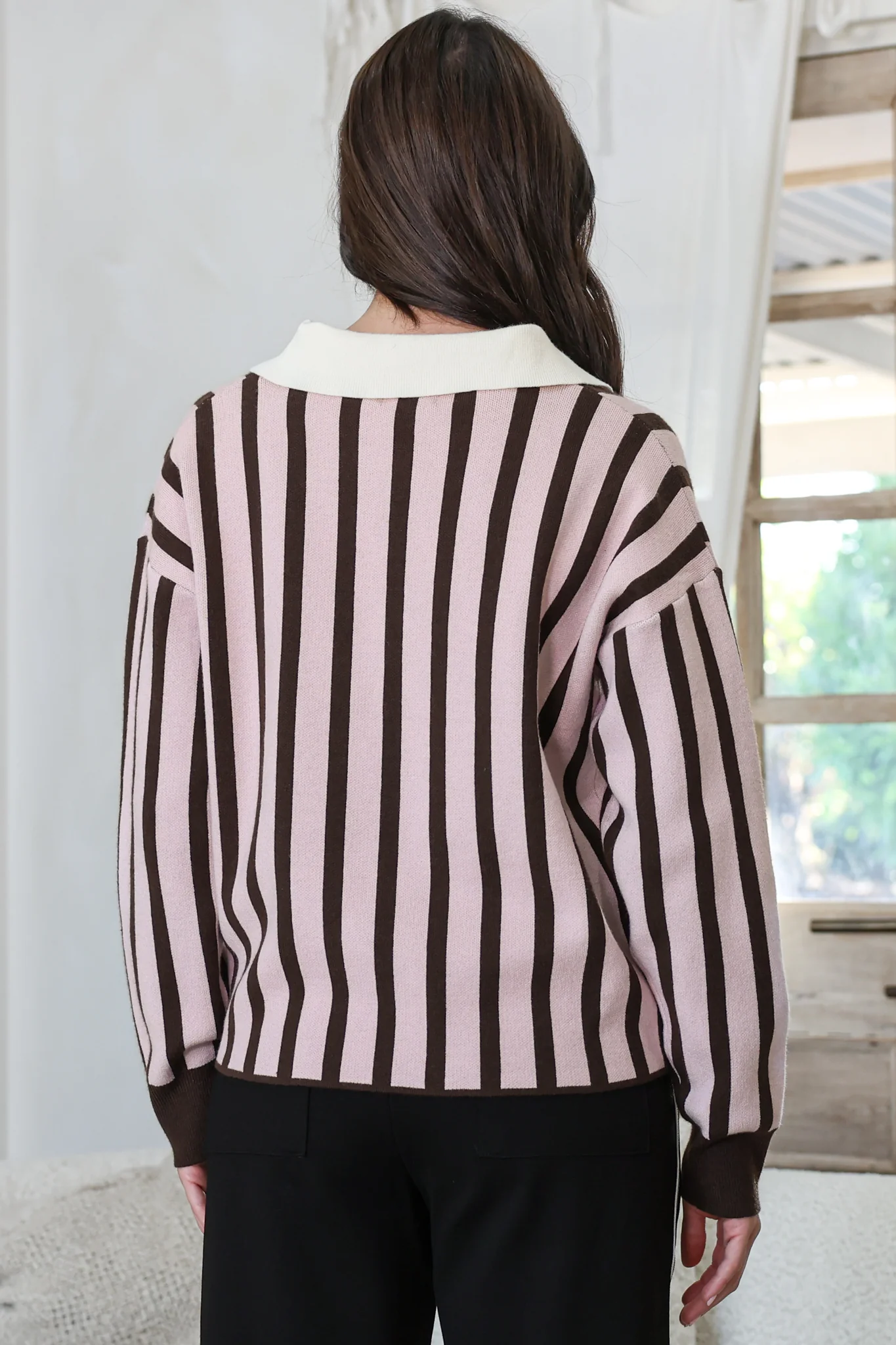 Bishop Jumper - Wing Collar Heart Button Detail Stripe Jersey Knit in Pink/Chocolate - Image 7