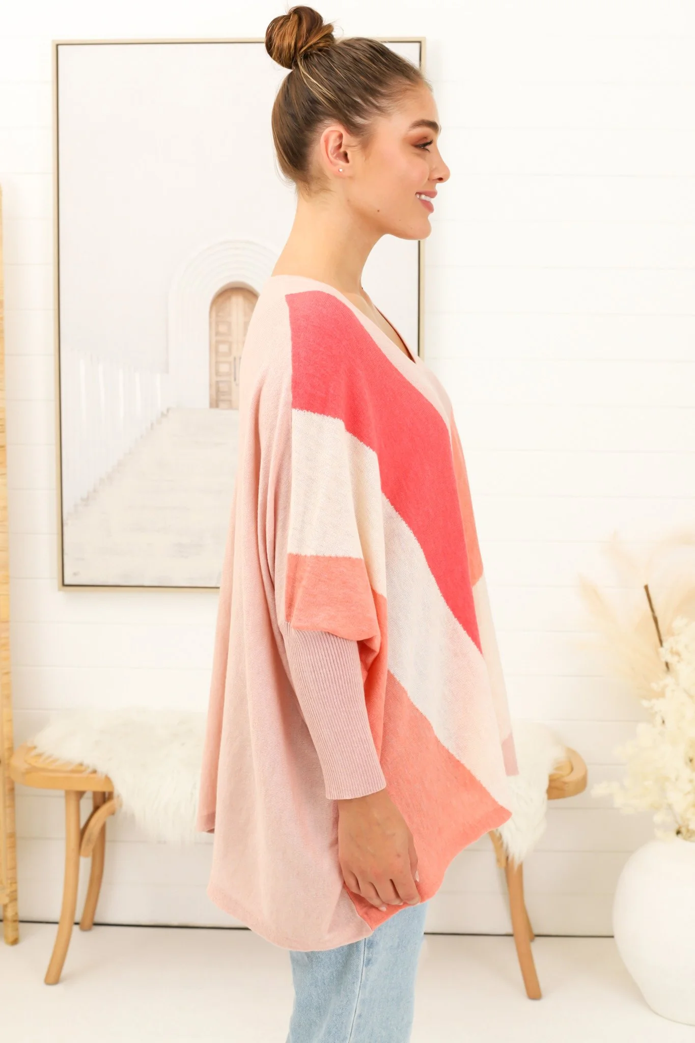 Bless Jumper - Colour Block Oversized Batwing Sleeve Jumper in Pink - Image 4