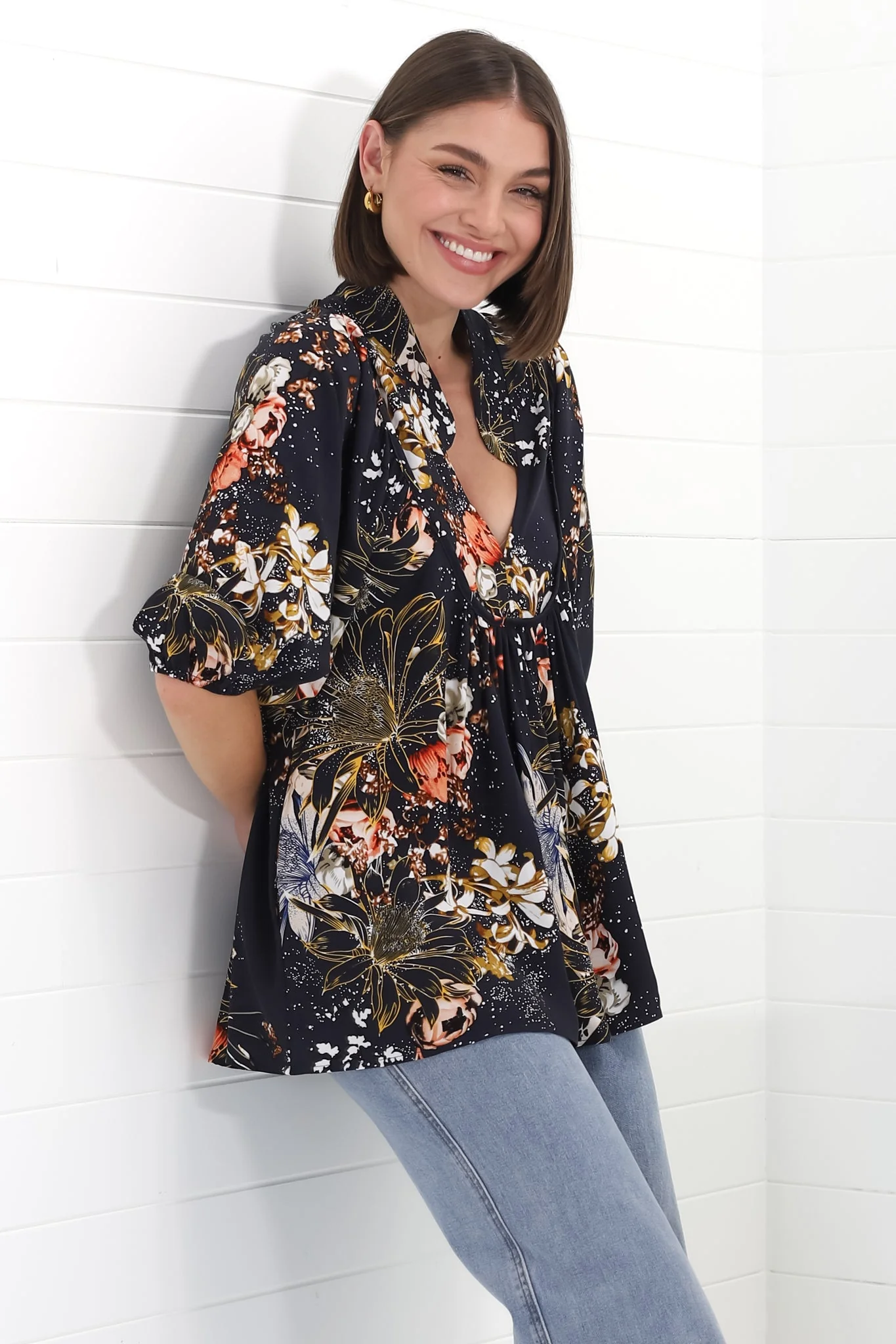 JAASE - Boheme Blouse: Thick Collar Smock Blouse in Indigo Print - Image 10