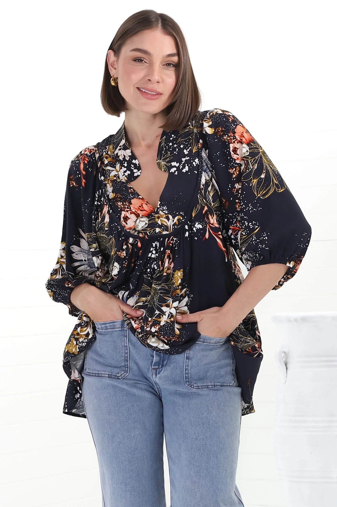 JAASE - Boheme Blouse: Thick Collar Smock Blouse in Indigo Print - Image 11