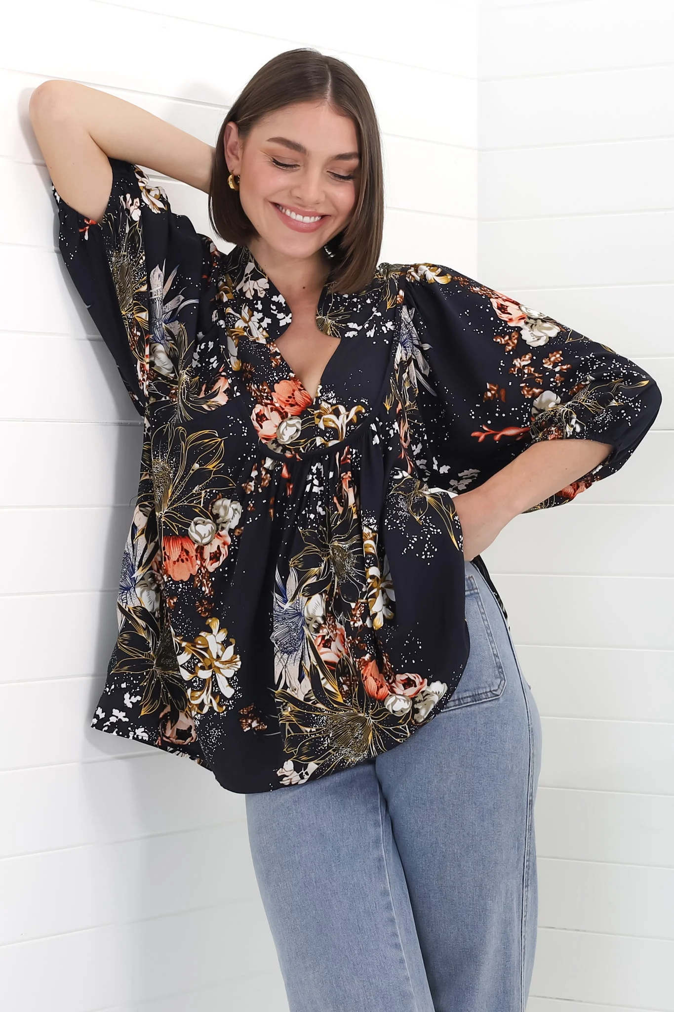 JAASE - Boheme Blouse: Thick Collar Smock Blouse in Indigo Print - Image 12