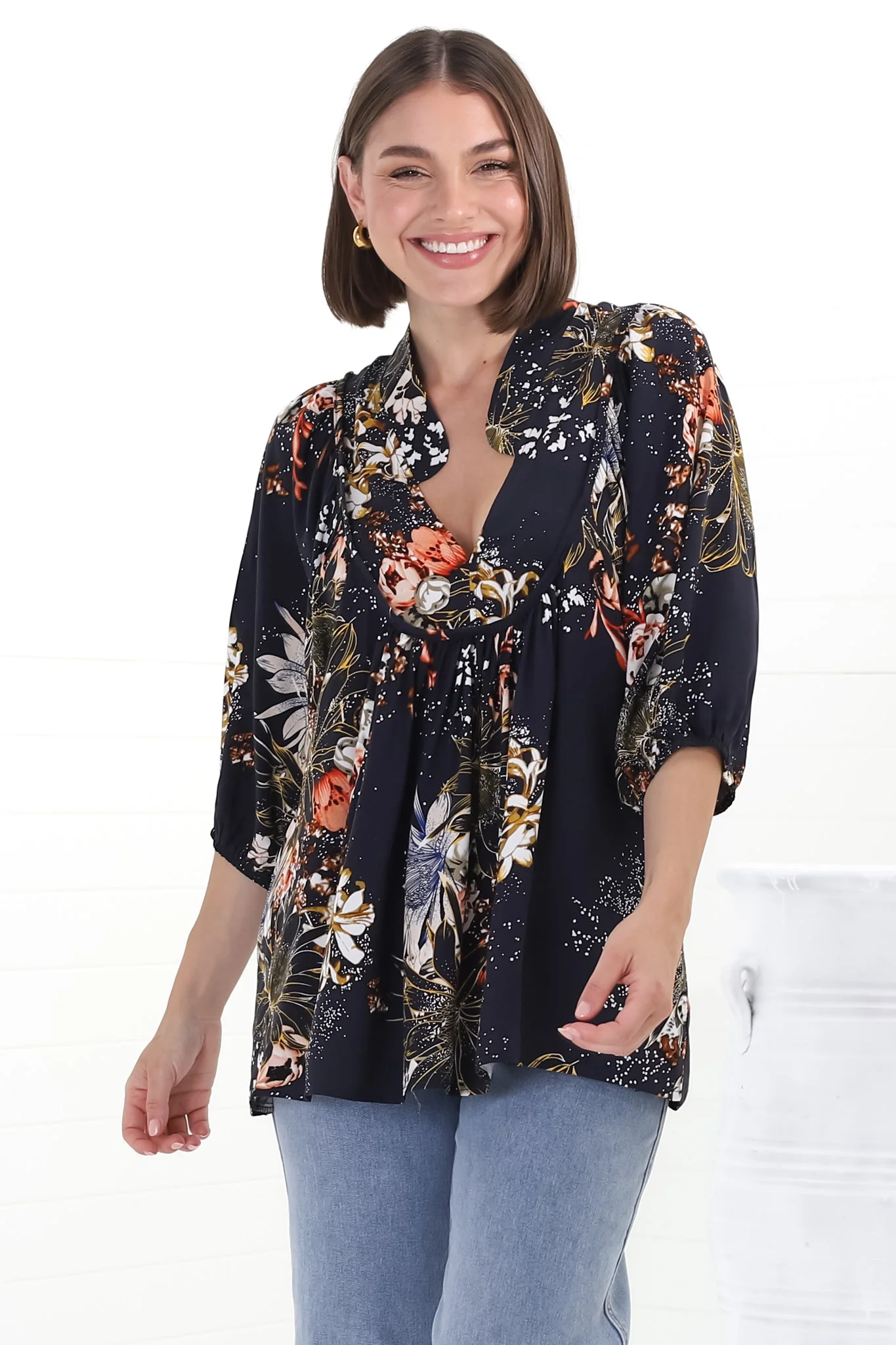 JAASE - Boheme Blouse: Thick Collar Smock Blouse in Indigo Print - Image 13