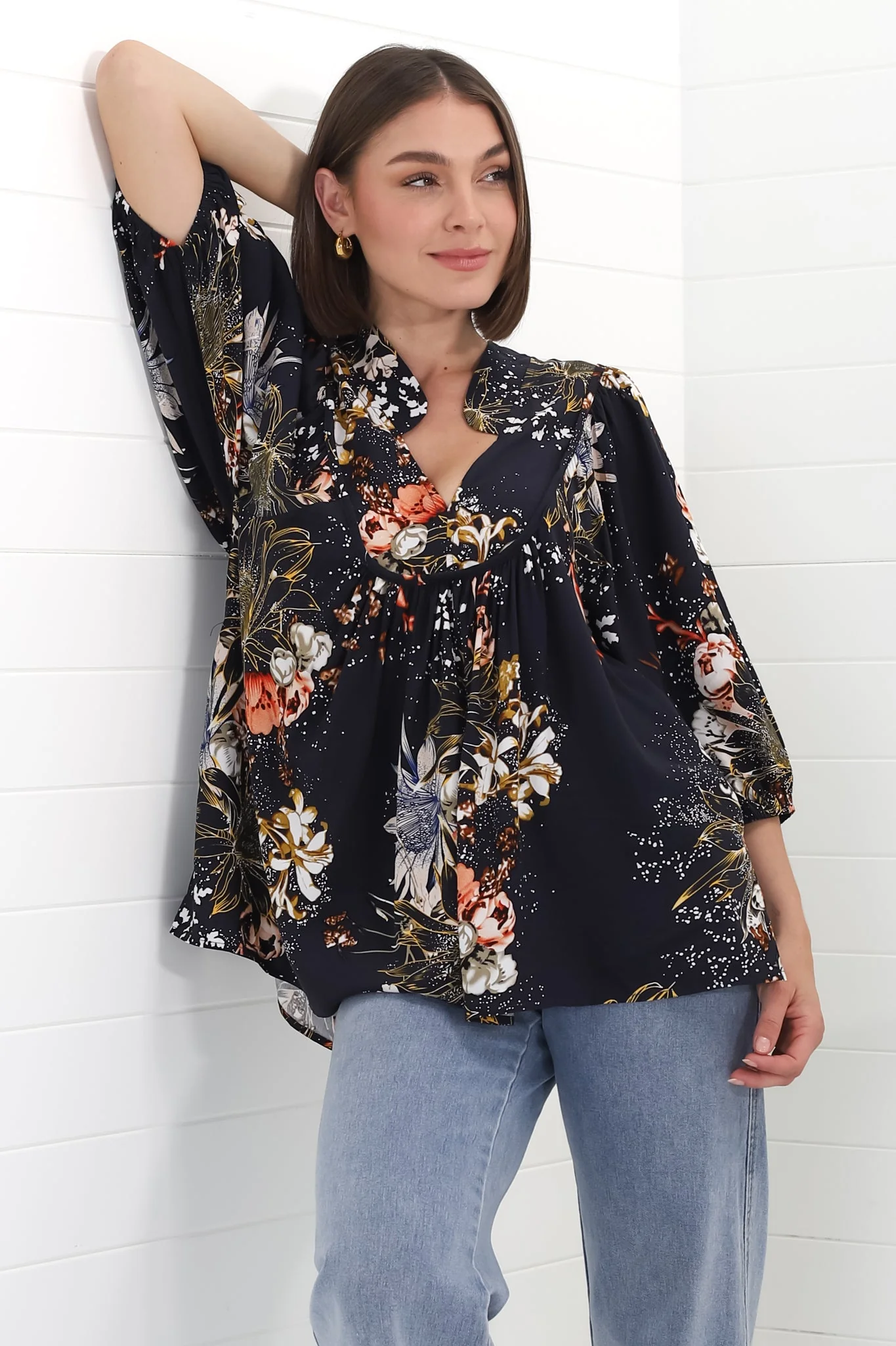 JAASE - Boheme Blouse: Thick Collar Smock Blouse in Indigo Print - Image 14