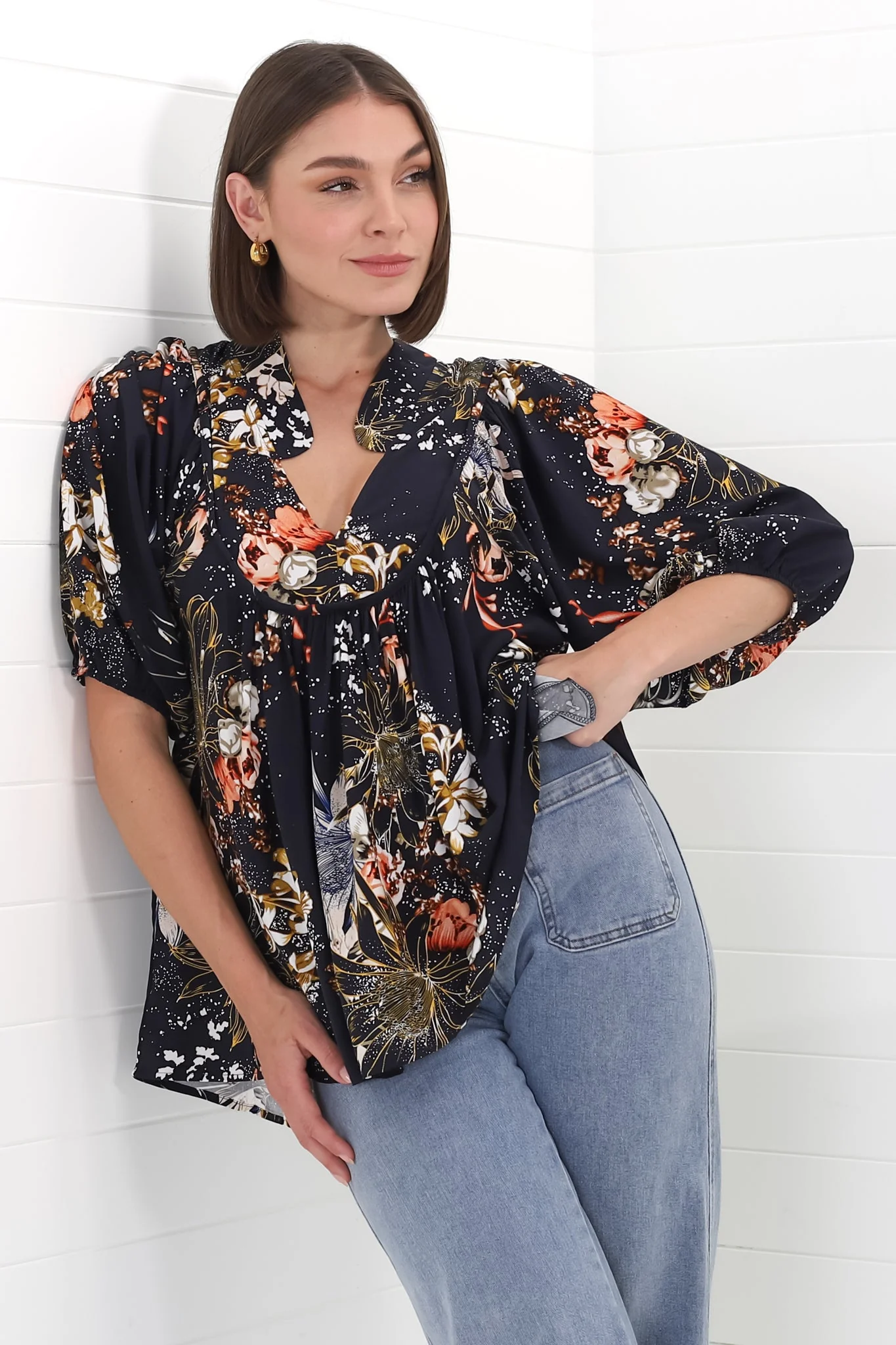 JAASE - Boheme Blouse: Thick Collar Smock Blouse in Indigo Print - Image 8