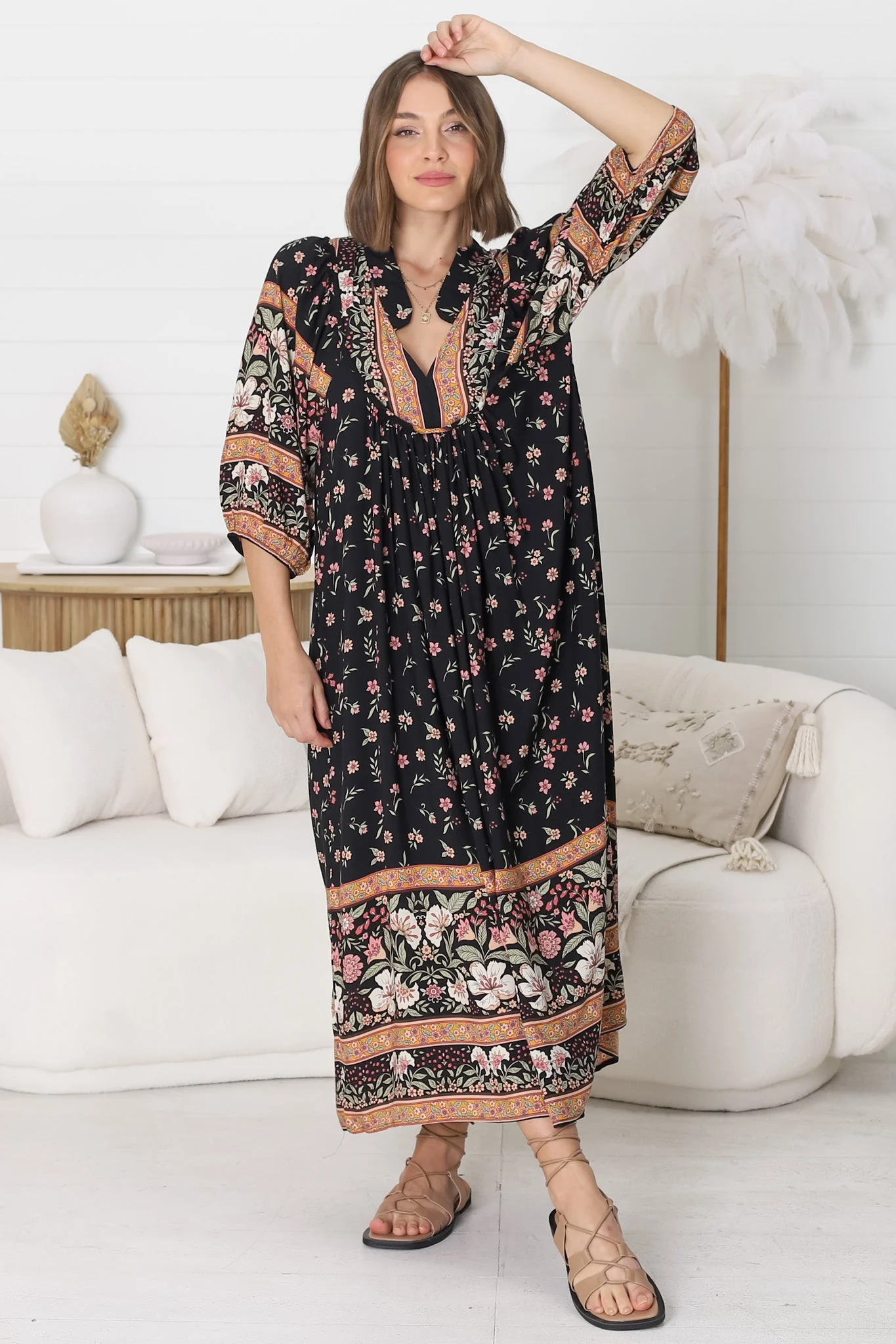 JAASE - Boheme Midi Dress: Piping Defined Bust Slimline Smock Dress In Eternity Print - Image 10