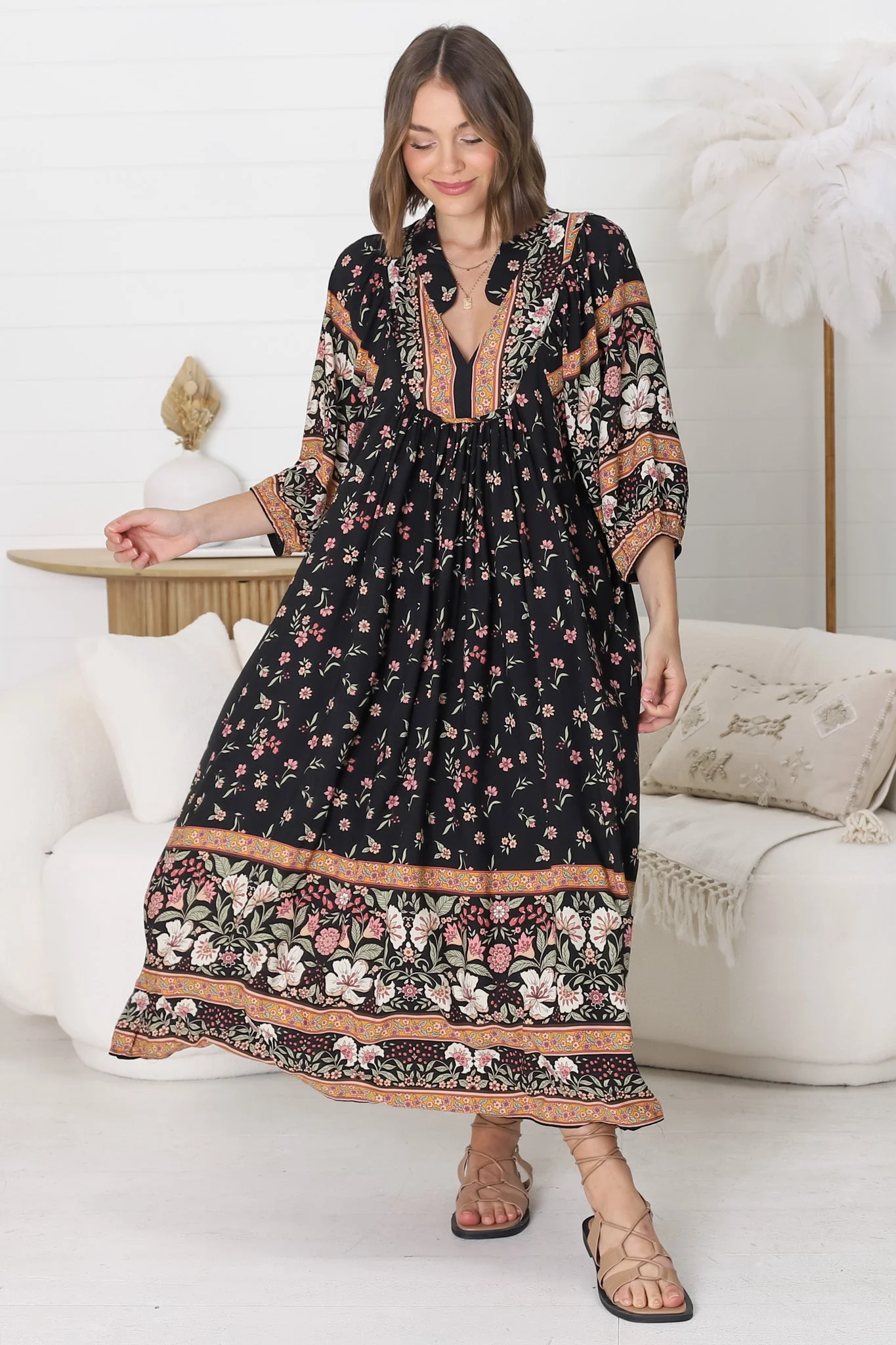 JAASE - Boheme Midi Dress: Piping Defined Bust Slimline Smock Dress In Eternity Print - Image 11