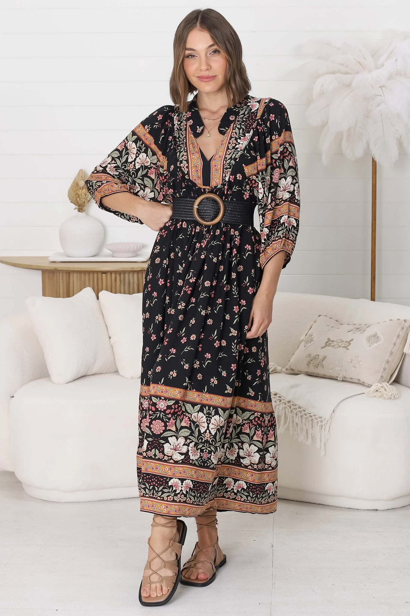 JAASE - Boheme Midi Dress: Piping Defined Bust Slimline Smock Dress In Eternity Print - Image 12