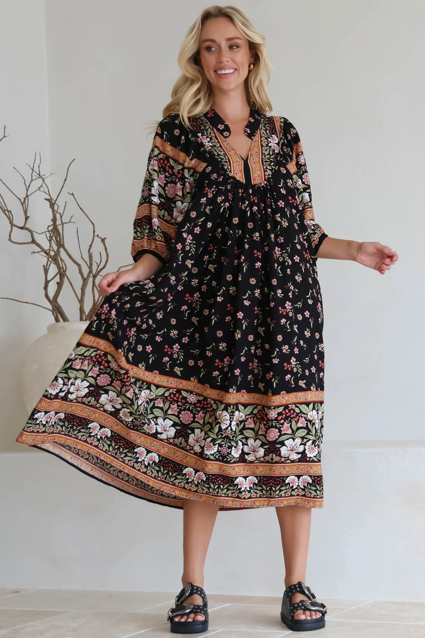 JAASE - Boheme Midi Dress: Piping Defined Bust Slimline Smock Dress In Eternity Print - Image 13