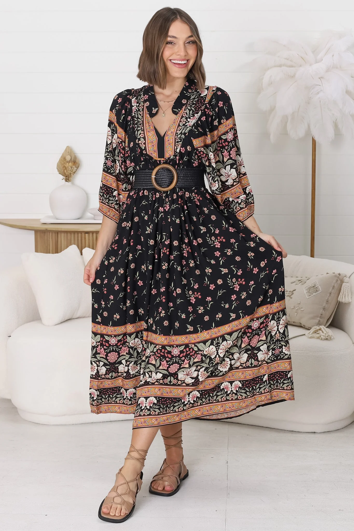 JAASE - Boheme Midi Dress: Piping Defined Bust Slimline Smock Dress In Eternity Print - Image 14