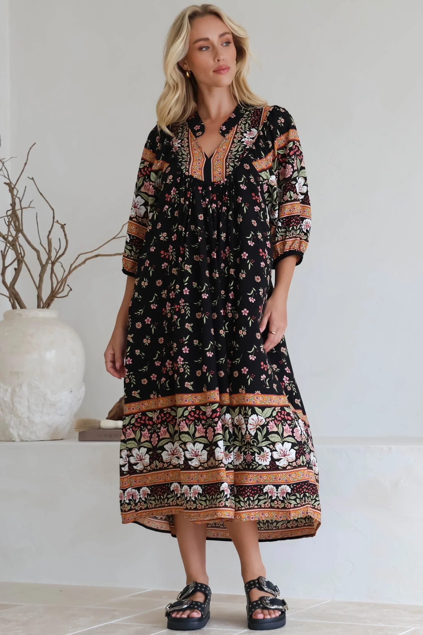 JAASE - Boheme Midi Dress: Piping Defined Bust Slimline Smock Dress In Eternity Print - Image 15