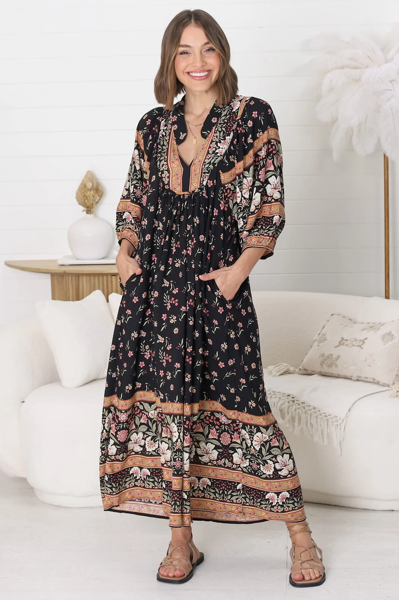 JAASE - Boheme Midi Dress: Piping Defined Bust Slimline Smock Dress In Eternity Print - Image 16