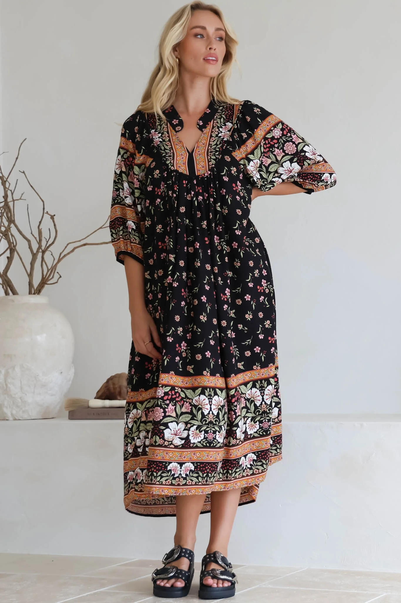 JAASE - Boheme Midi Dress: Piping Defined Bust Slimline Smock Dress In Eternity Print - Image 17