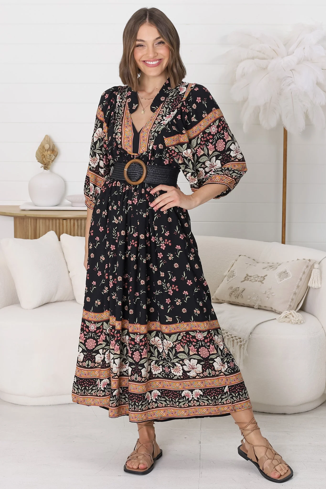 JAASE - Boheme Midi Dress: Piping Defined Bust Slimline Smock Dress In Eternity Print - Image 18