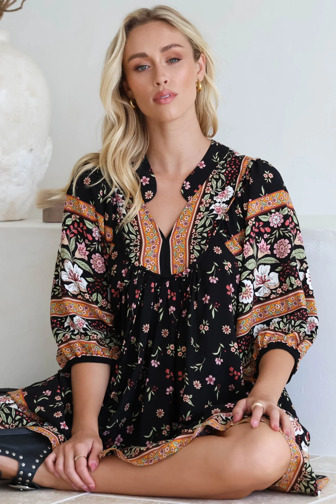 JAASE - Boheme Midi Dress: Piping Defined Bust Slimline Smock Dress In Eternity Print - Image 3