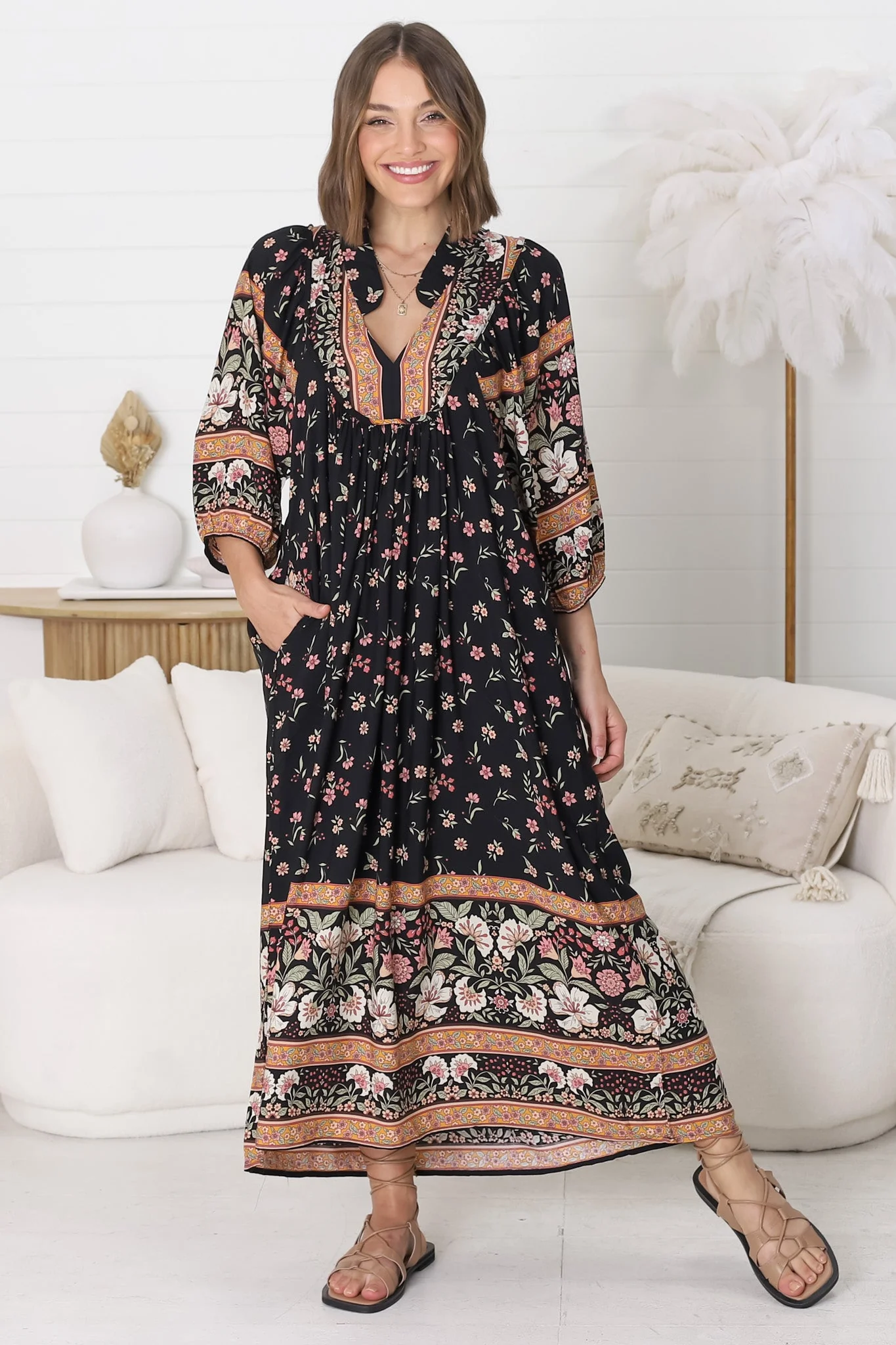 JAASE - Boheme Midi Dress: Piping Defined Bust Slimline Smock Dress In Eternity Print - Image 4