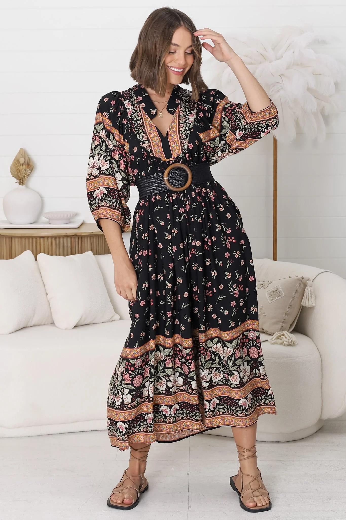 JAASE - Boheme Midi Dress: Piping Defined Bust Slimline Smock Dress In Eternity Print - Image 5