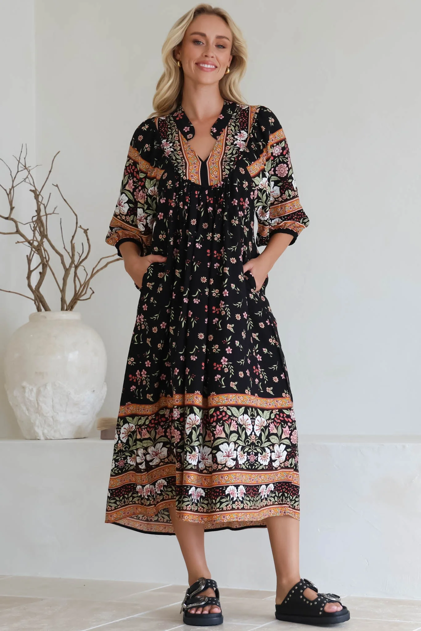 JAASE - Boheme Midi Dress: Piping Defined Bust Slimline Smock Dress In Eternity Print - Image 6