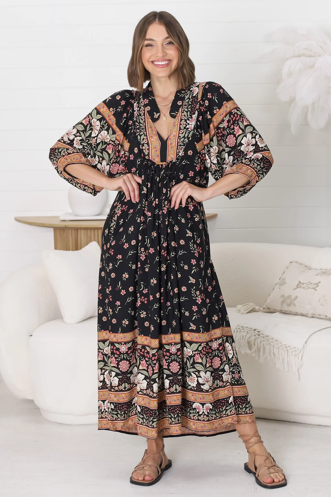 JAASE - Boheme Midi Dress: Piping Defined Bust Slimline Smock Dress In Eternity Print - Image 7