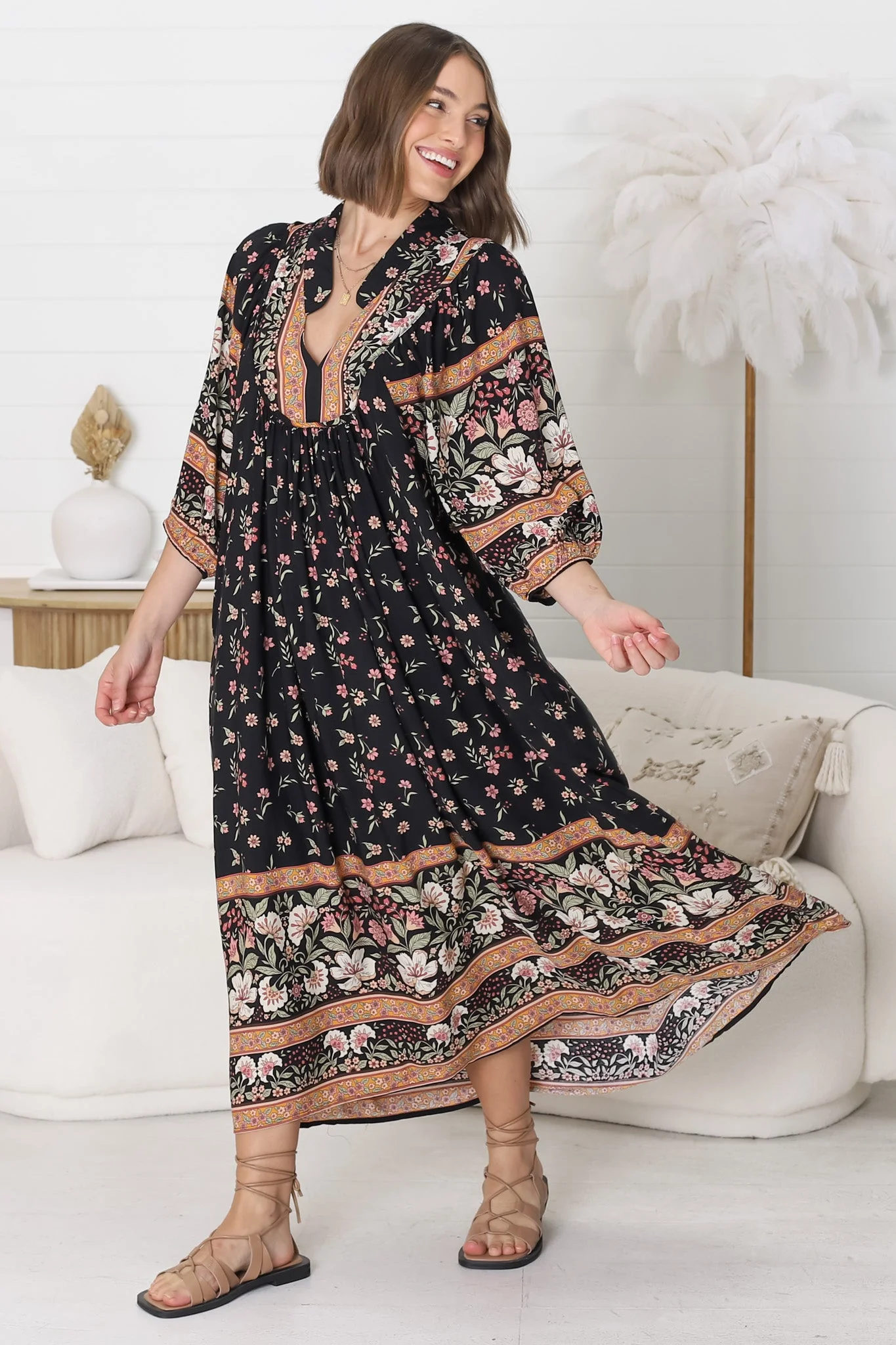 JAASE - Boheme Midi Dress: Piping Defined Bust Slimline Smock Dress In Eternity Print - Image 8