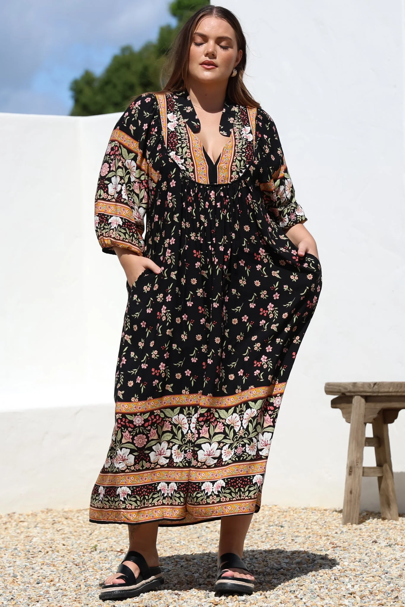 JAASE - Boheme Midi Dress: Piping Defined Bust Slimline Smock Dress In Eternity Print - Image 9
