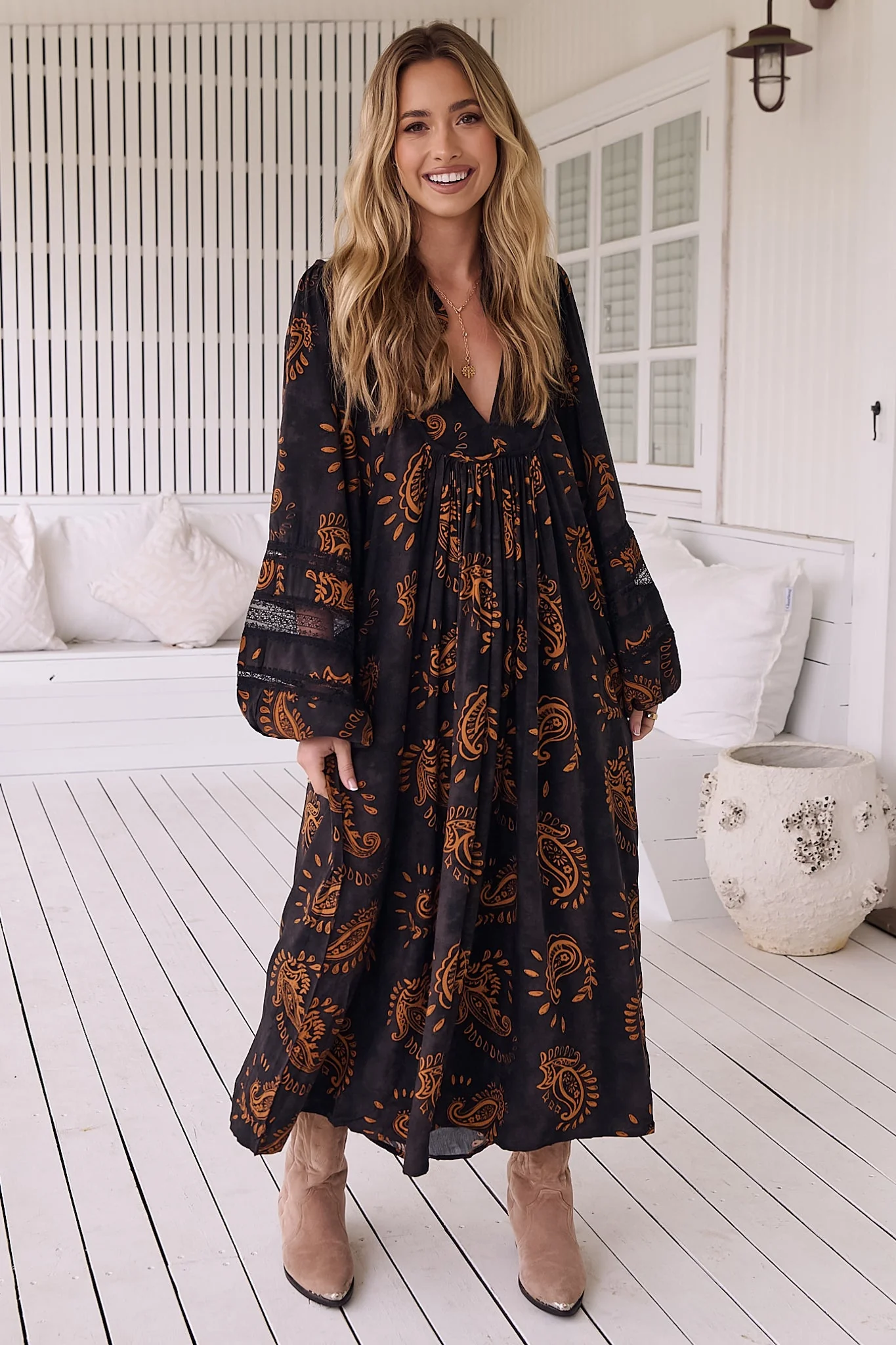 JAASE - Boheme Long Sleeve Midi Dress: Slimline Smock Dress in Milan Print - Image 4